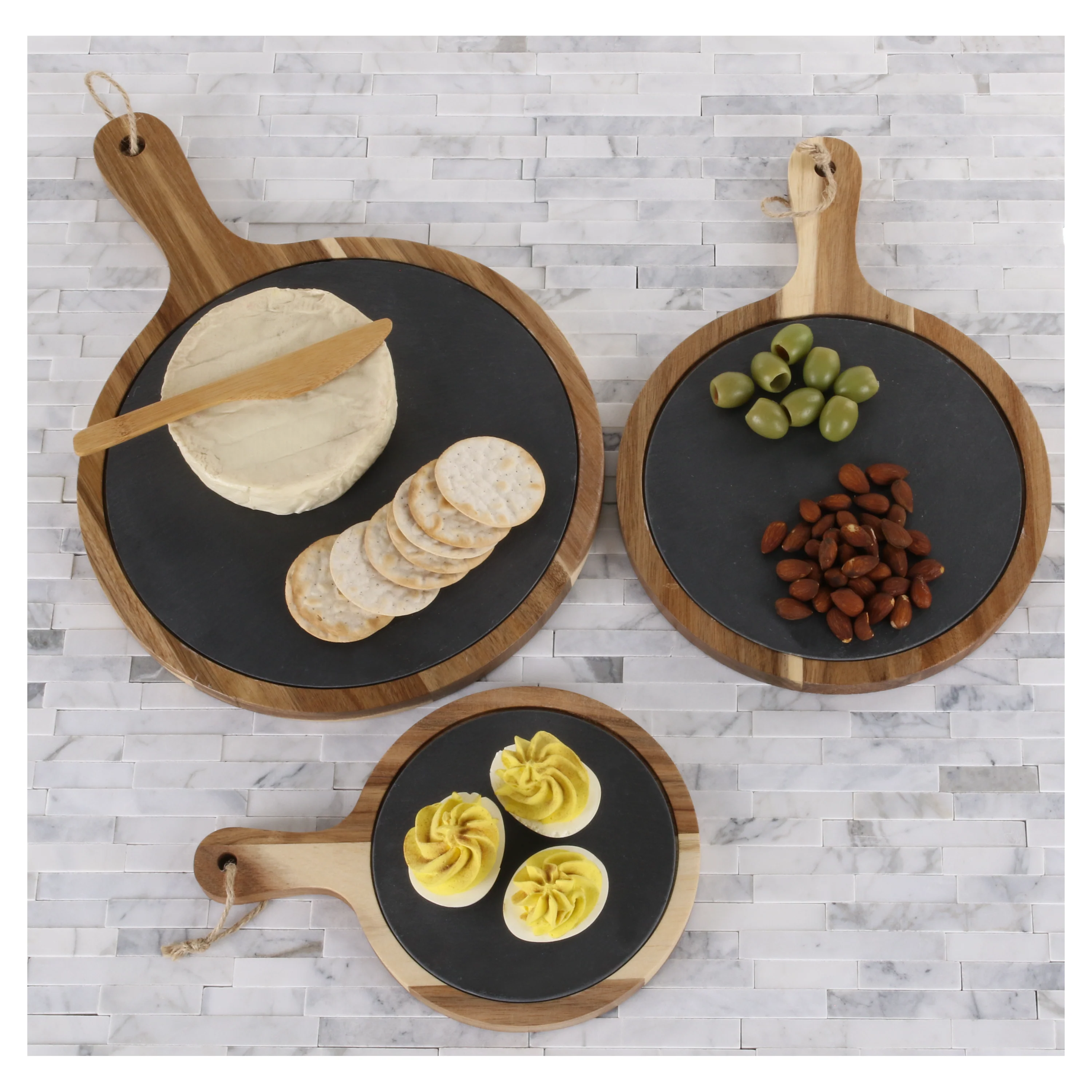 Round Set of 3 Slate and Wood Serving Boards - Image 2