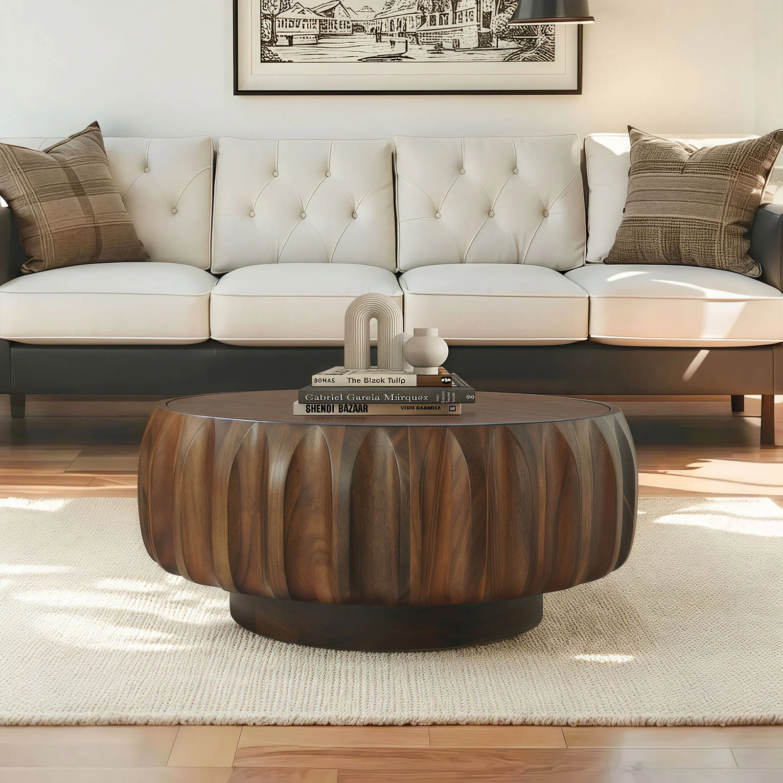 Round Solid Wood Carved Coffee Table - Image 2