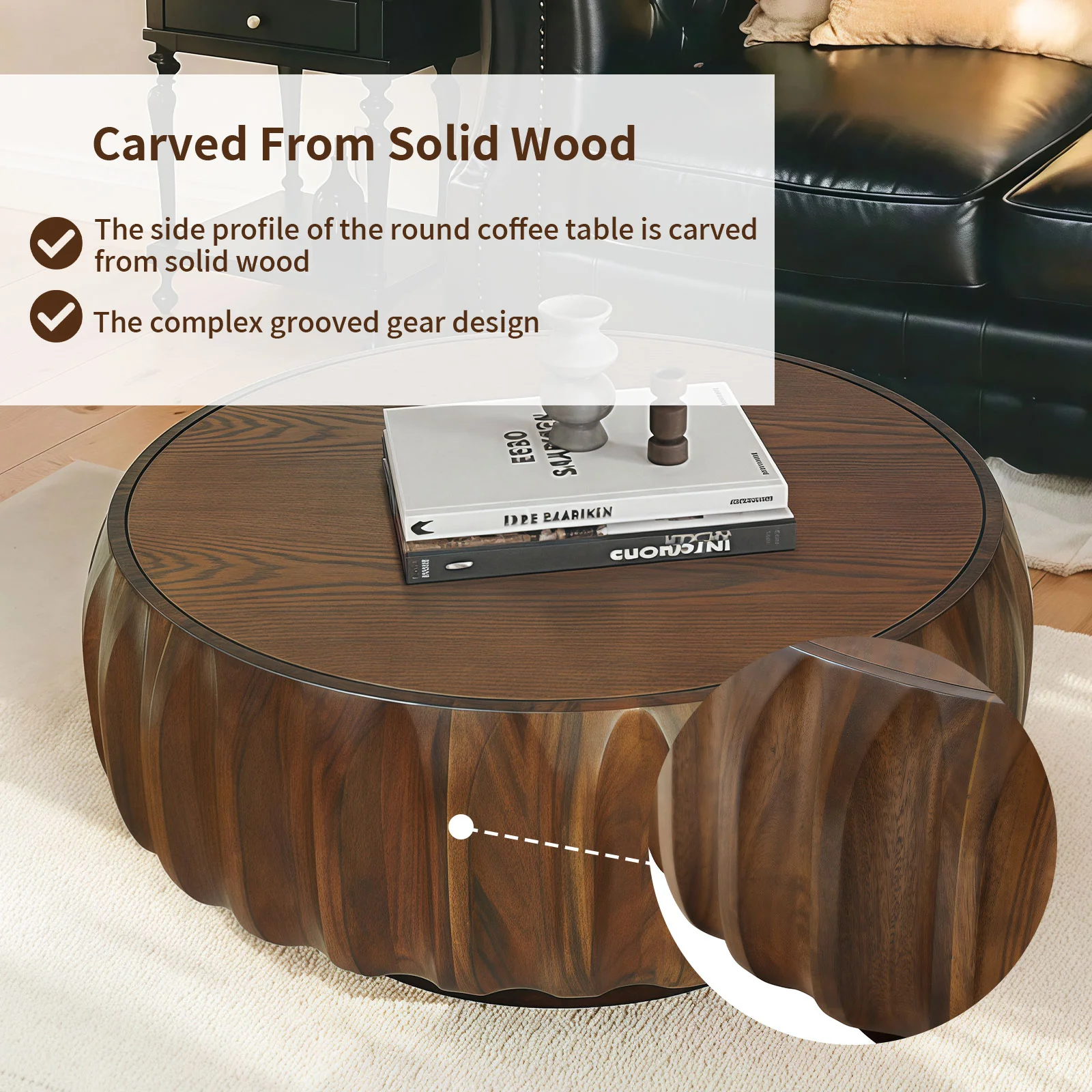 Round Solid Wood Carved Coffee Table - Image 7