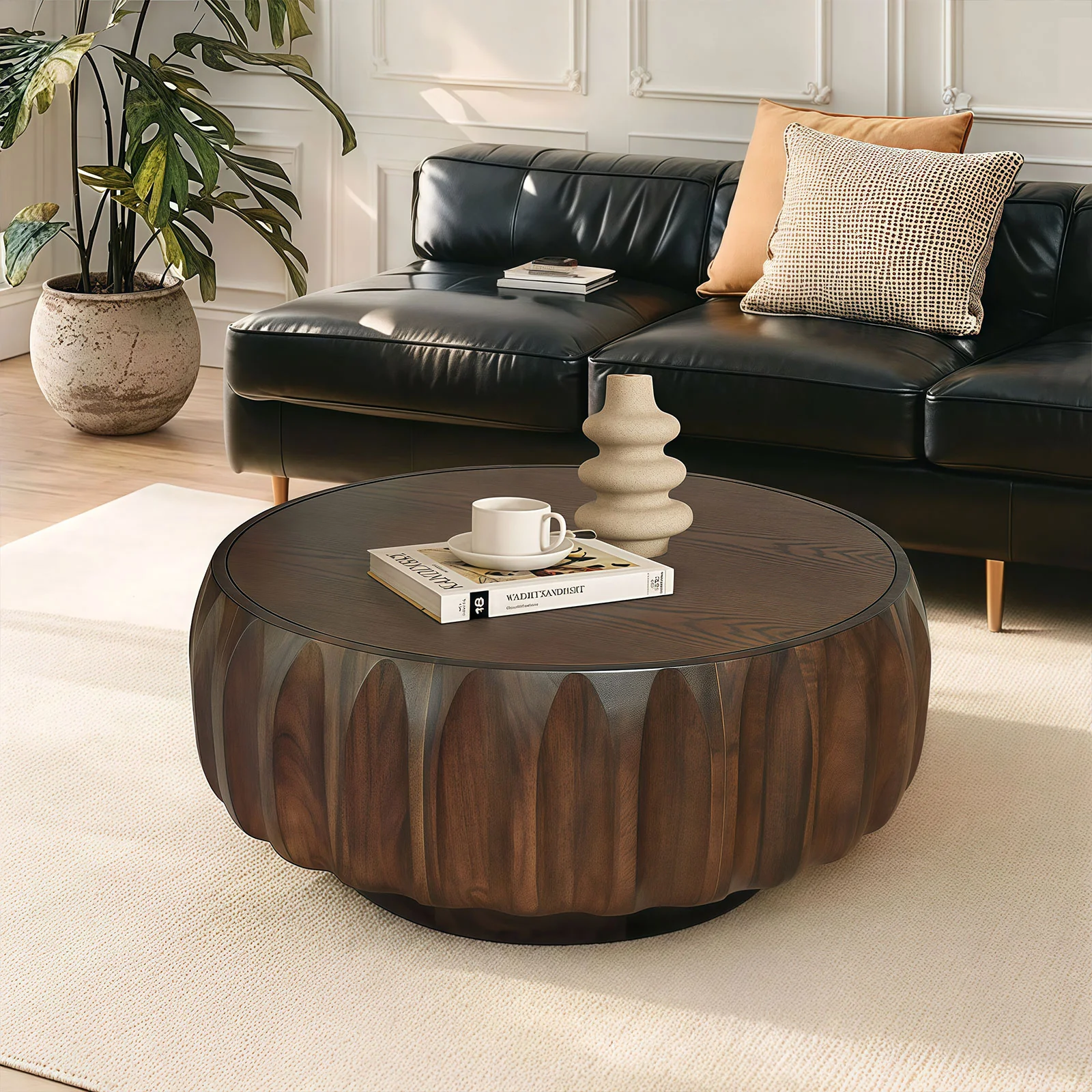 Round Solid Wood Carved Coffee Table - Image 9