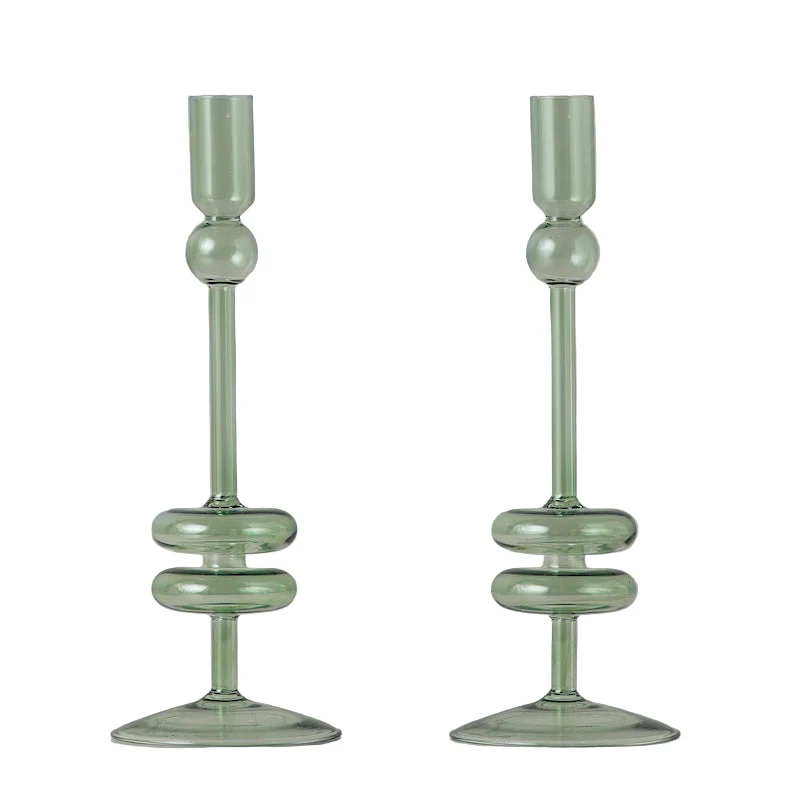 Sage Glass Candlestick, Pair - Image 2