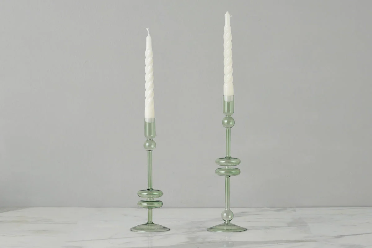 Sage Glass Candlestick, Pair - Image 9