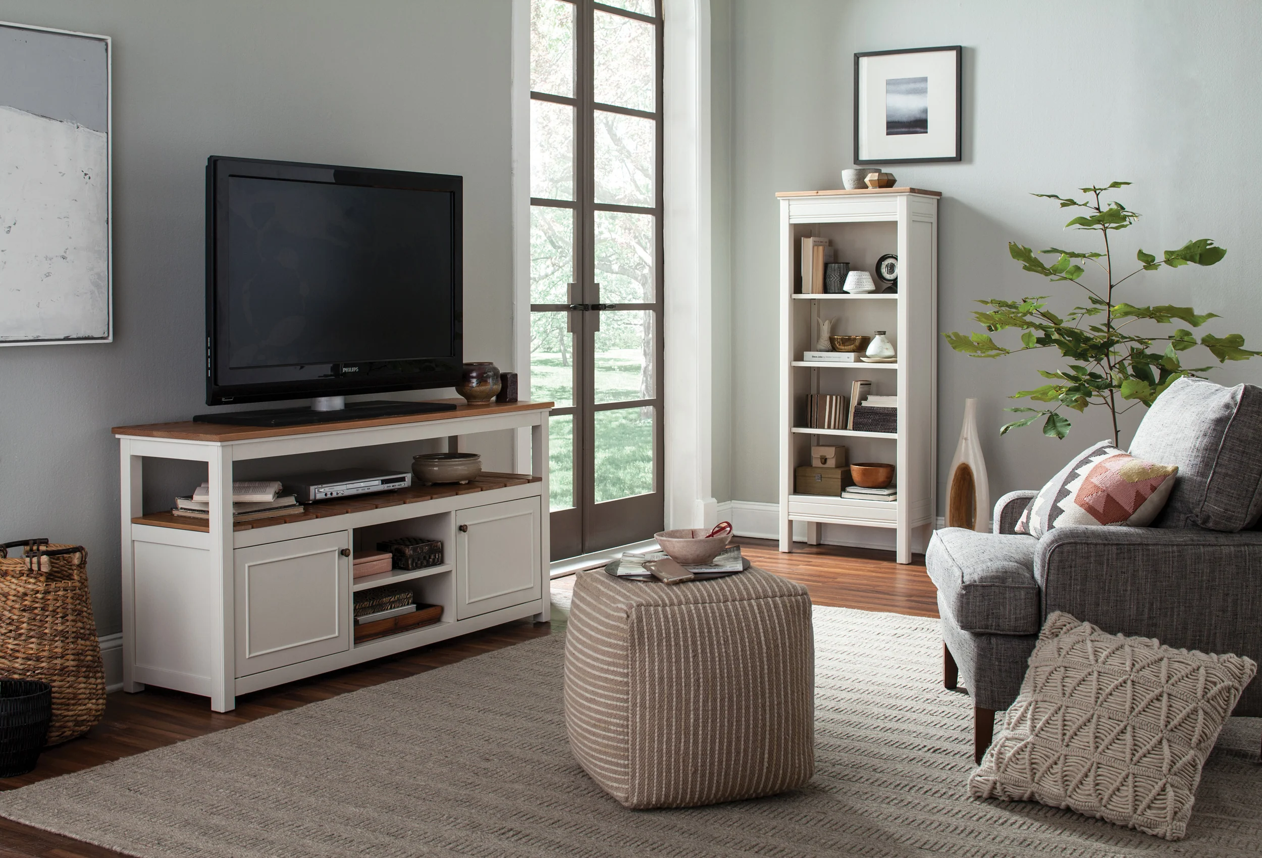 Savannah Tall Bookcase, Ivory with Natural Wood Top - Image 3