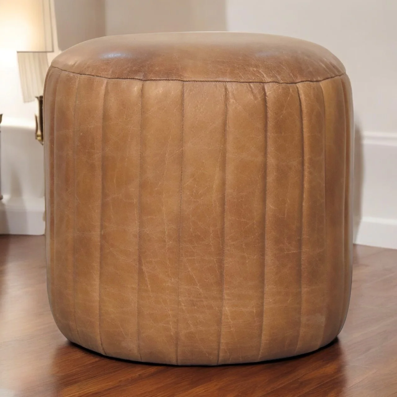 Solid Wood Buffalo Leather Boucle Footstool - Image 2