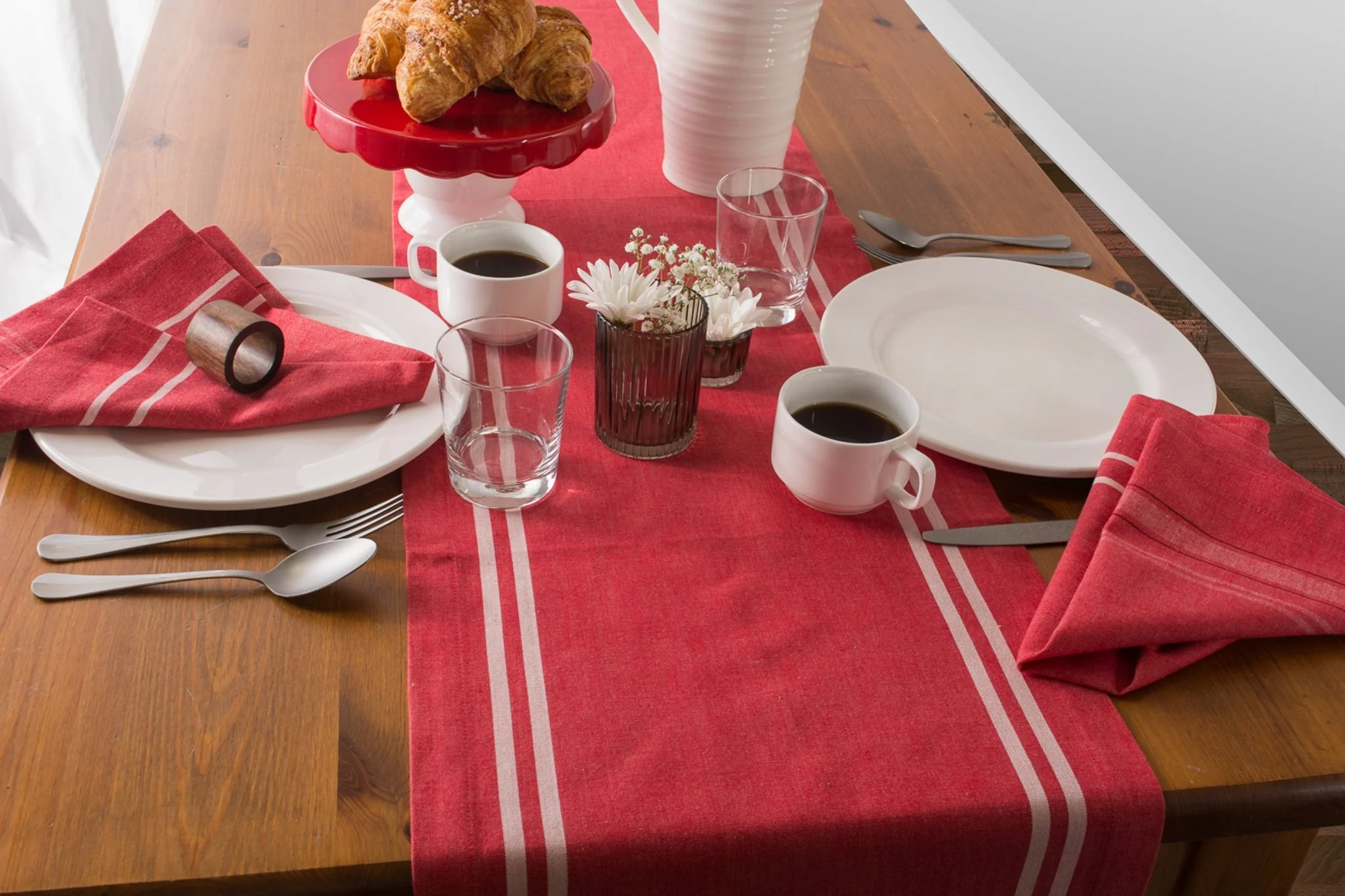 Tango Red Chambray French Stripe Table Runner 14X108 - Image 3
