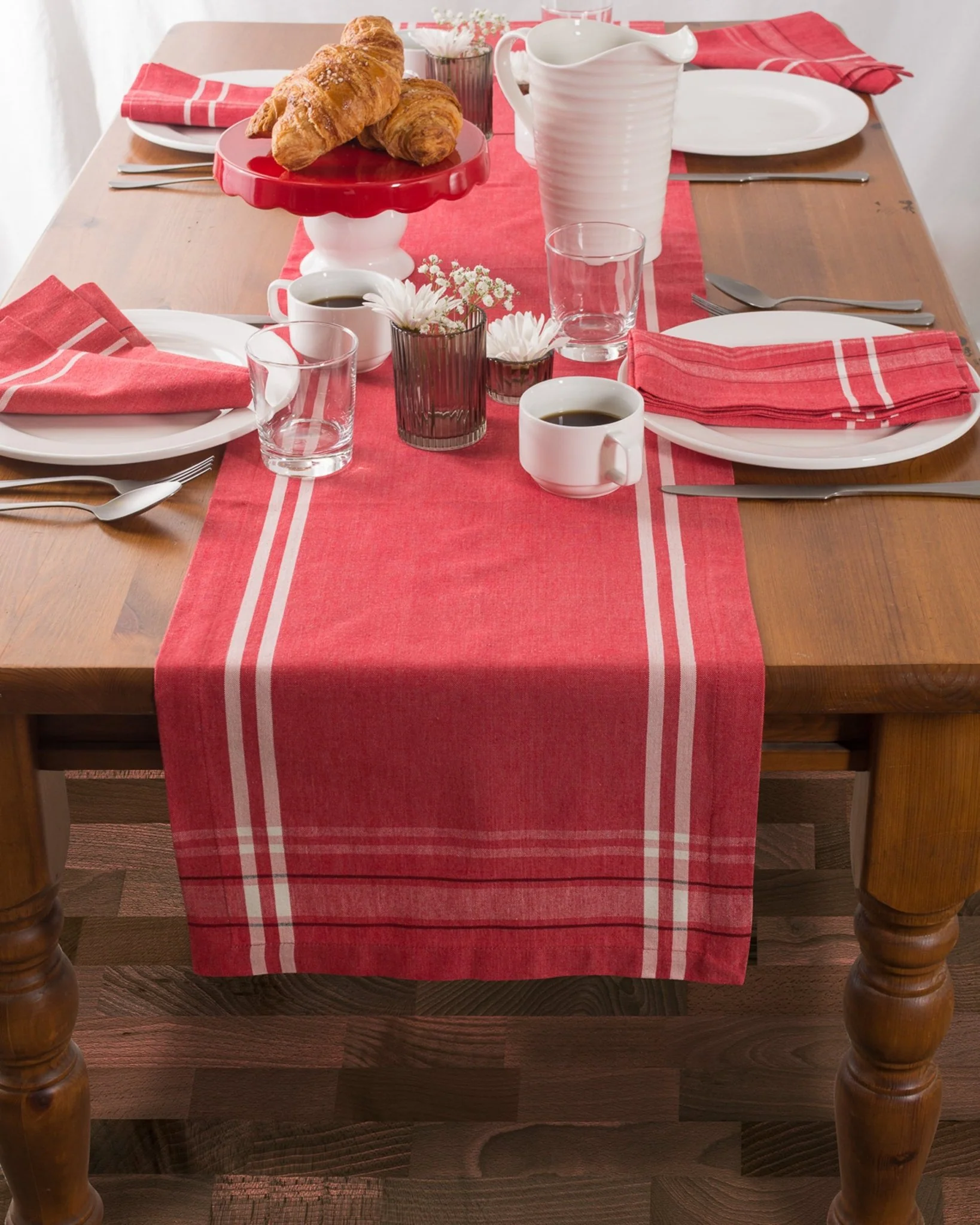 Tango Red Chambray French Stripe Table Runner 14X108 - Image 4