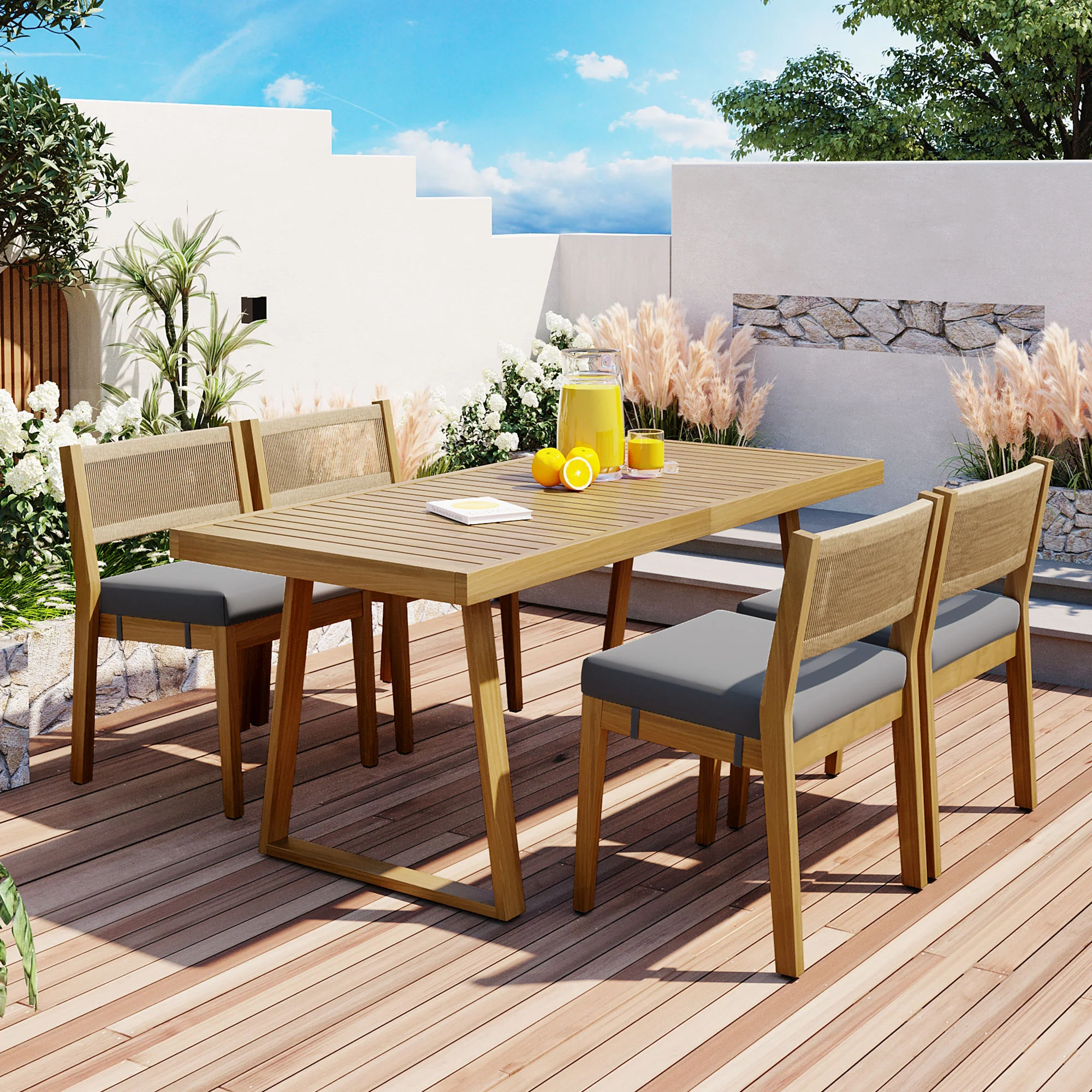 Outdoor Acacia Wood Dining Table Set - Image 3