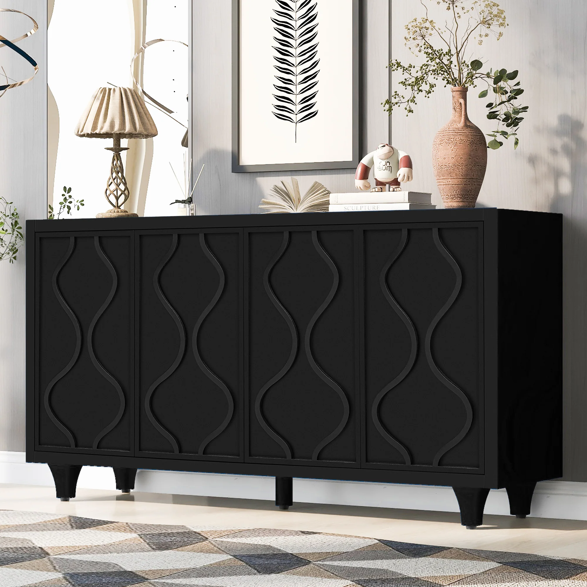 Storage Cabinet Sideboard Wooden Cabinet with Embossed Curved Doors - Image 13