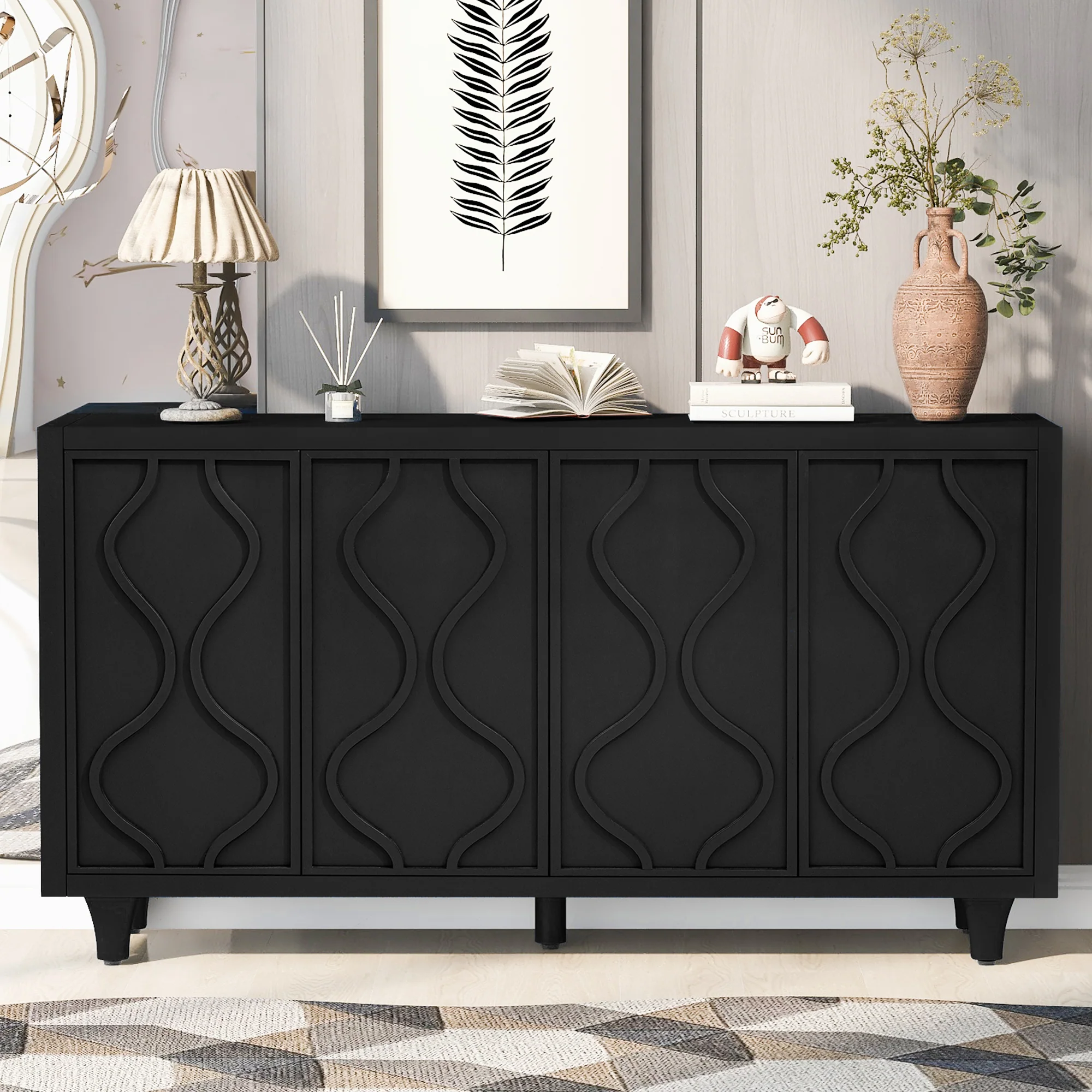 Storage Cabinet Sideboard Wooden Cabinet with Embossed Curved Doors - Image 14
