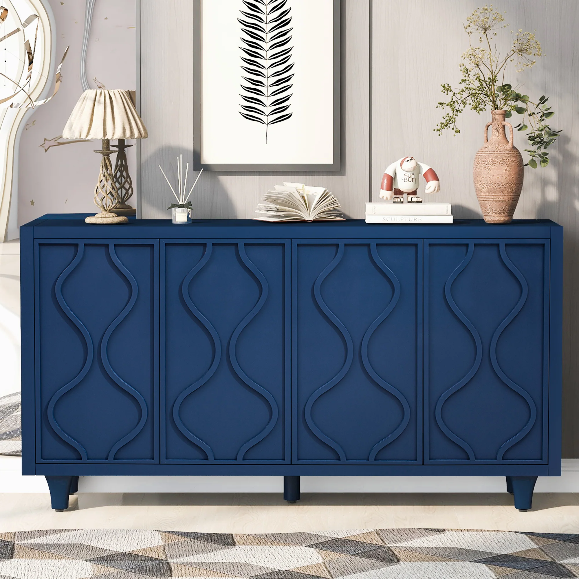 Storage Cabinet Sideboard Wooden Cabinet with Embossed Curved Doors - Image 2
