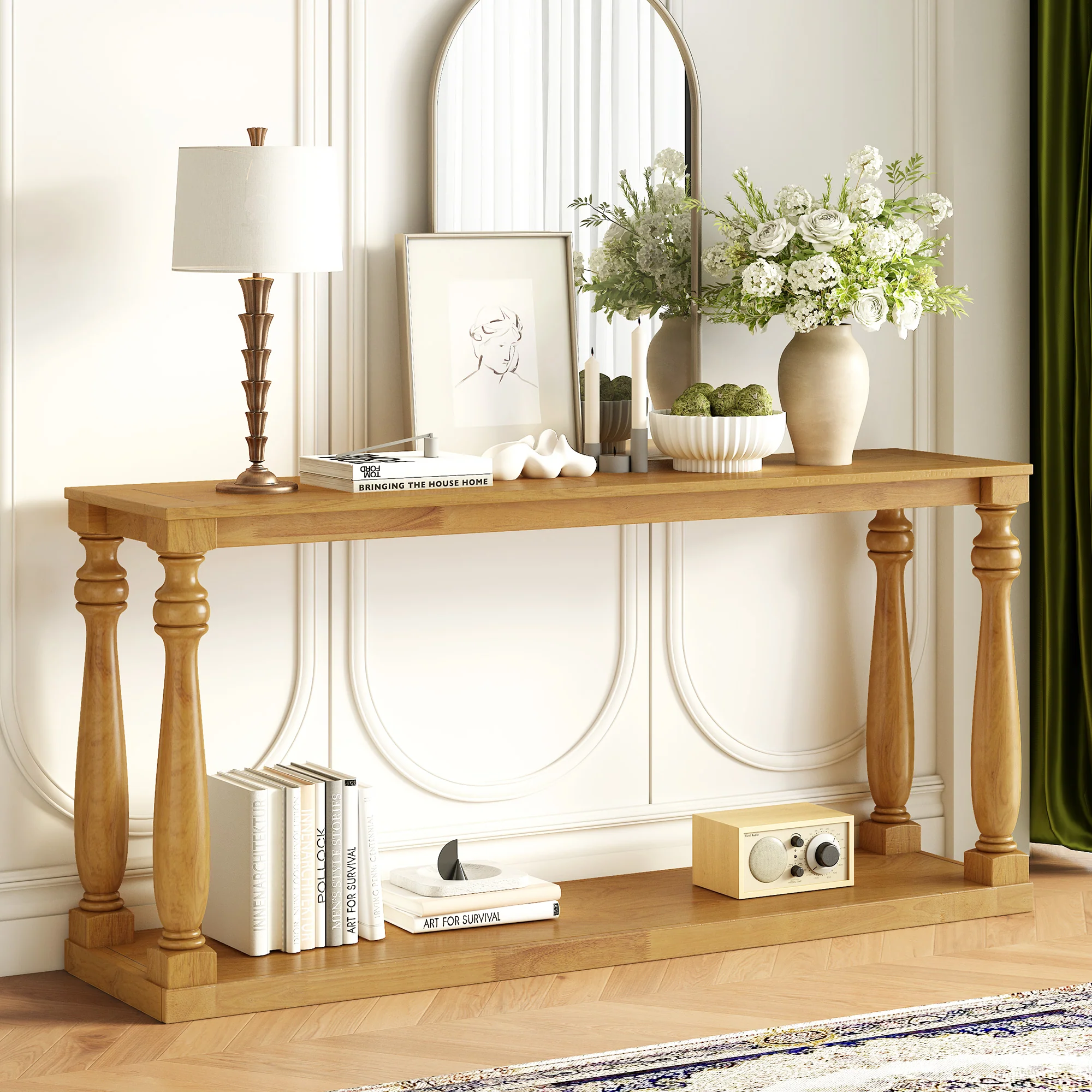 Farmhouse Turned-Leg Entryway Console Table with Bottom Shelf - Image 21