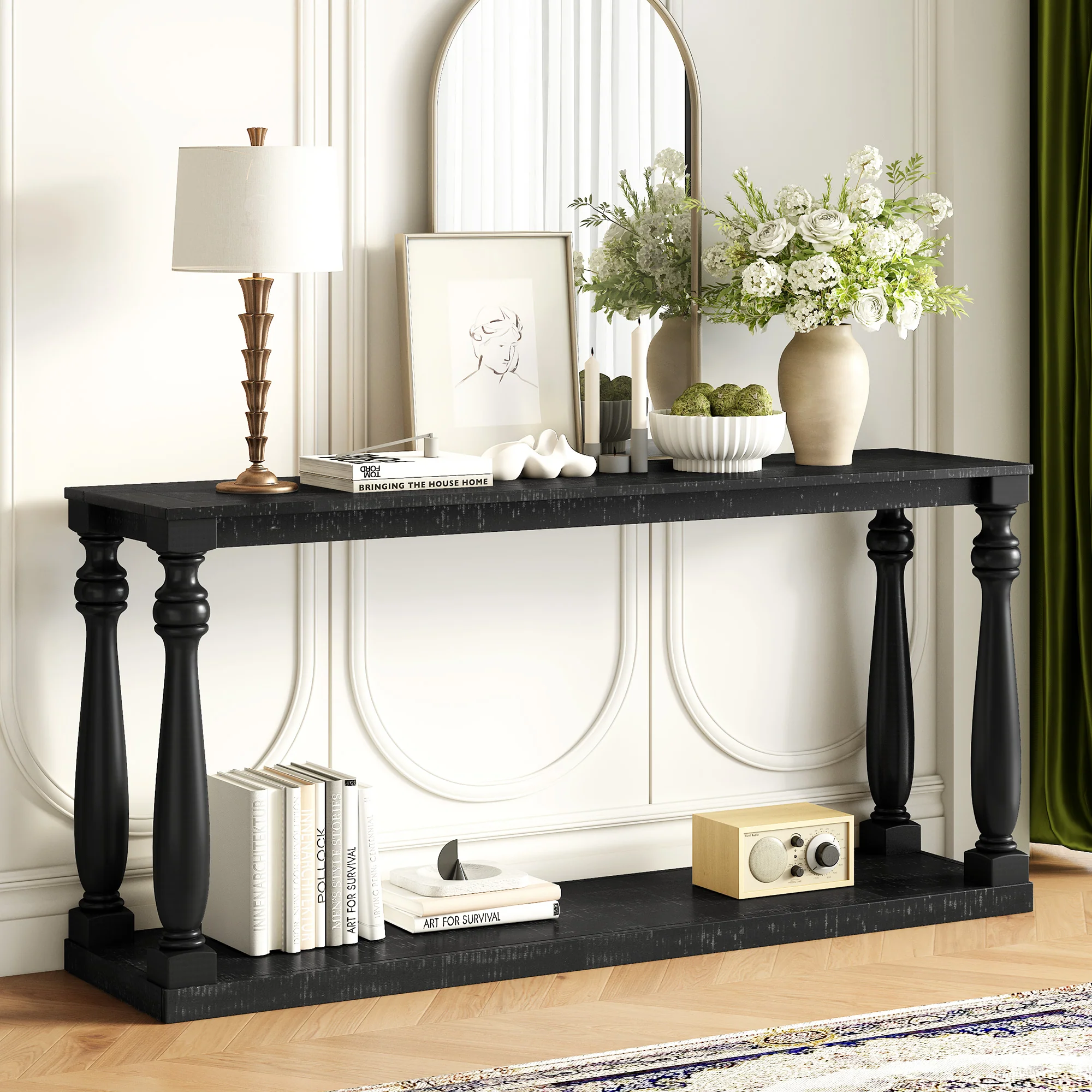 Farmhouse Turned-Leg Entryway Console Table with Bottom Shelf - Image 4