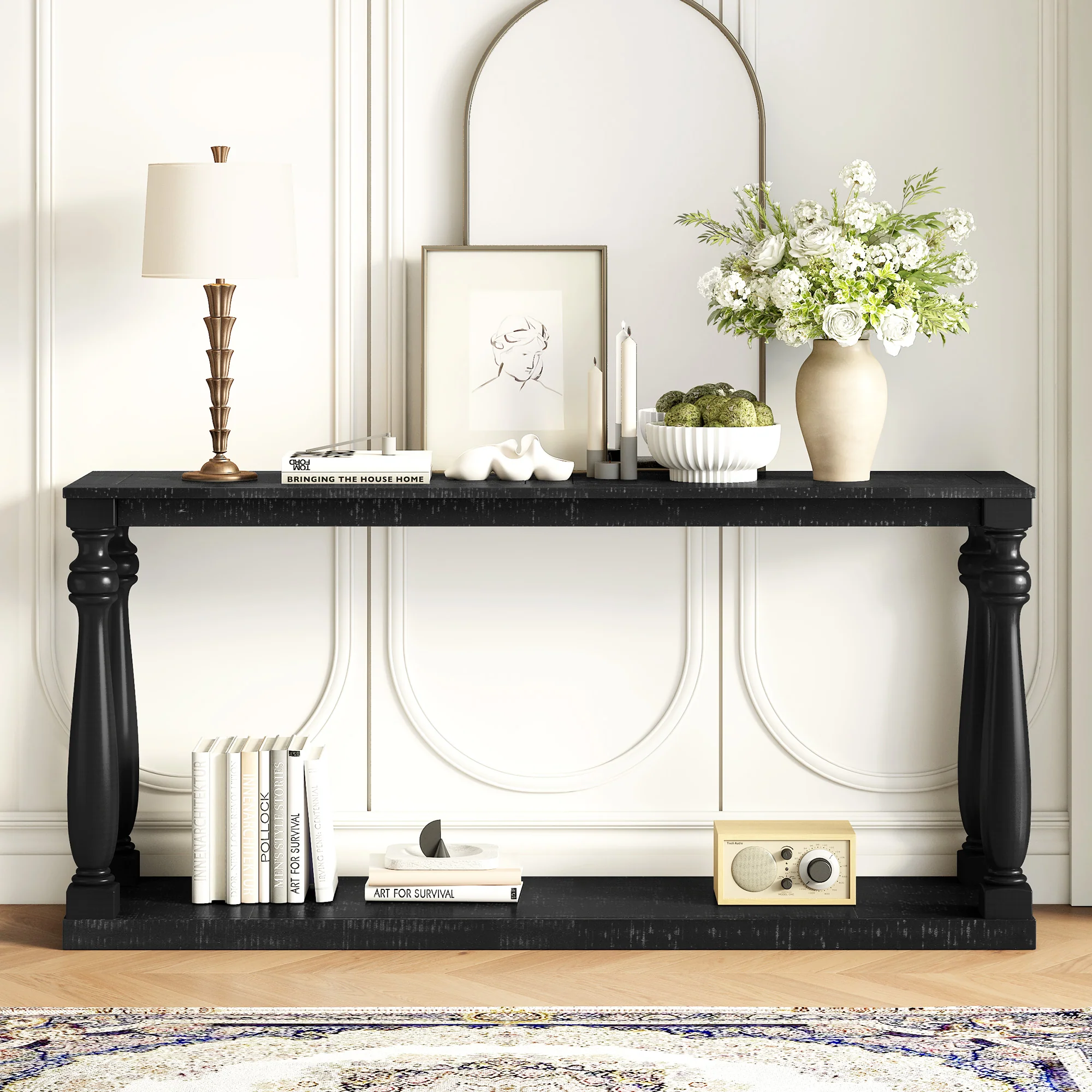 Farmhouse Turned-Leg Entryway Console Table with Bottom Shelf - Image 5