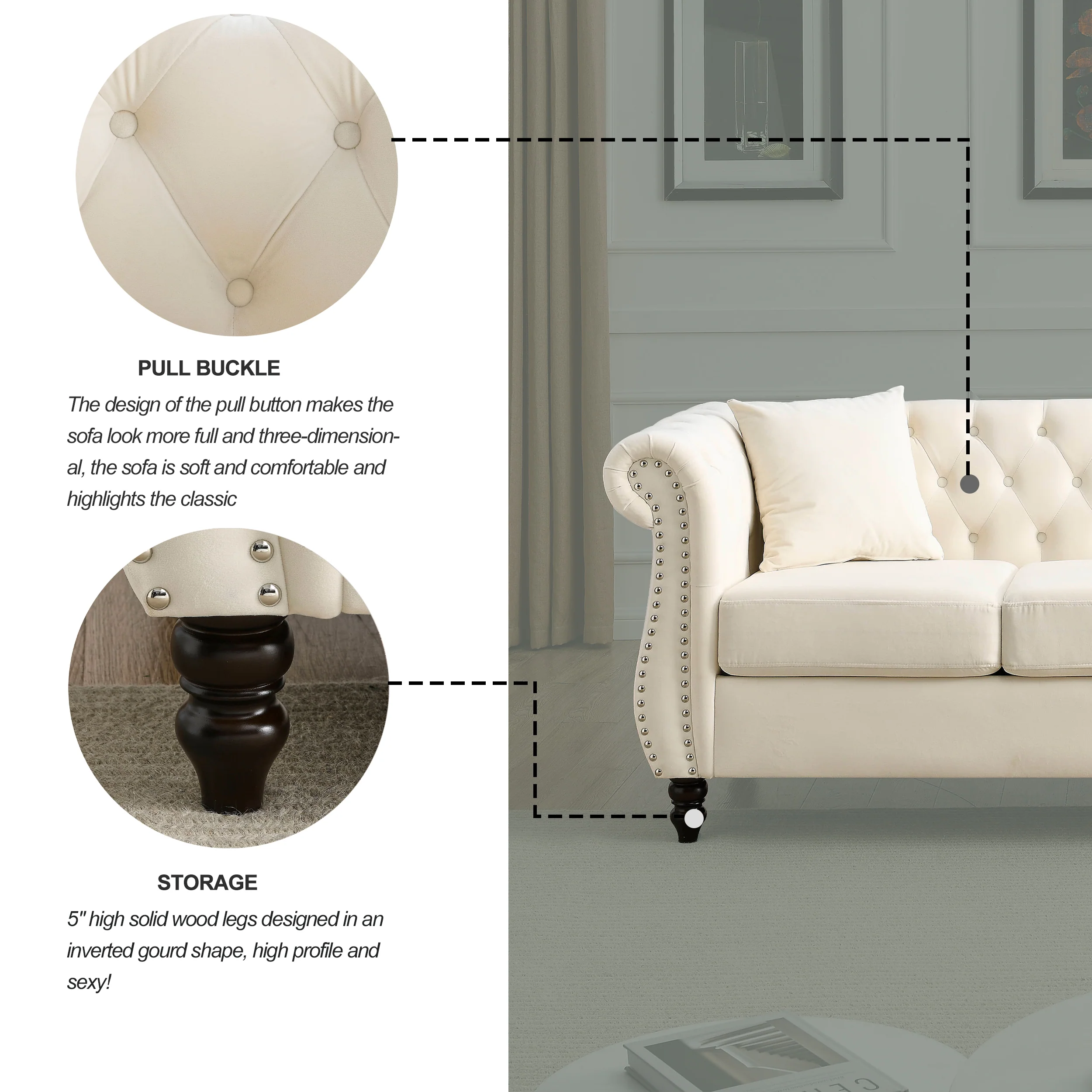 Nailhead Velvet Chesterfield 3-Seater Sofa - Image 11