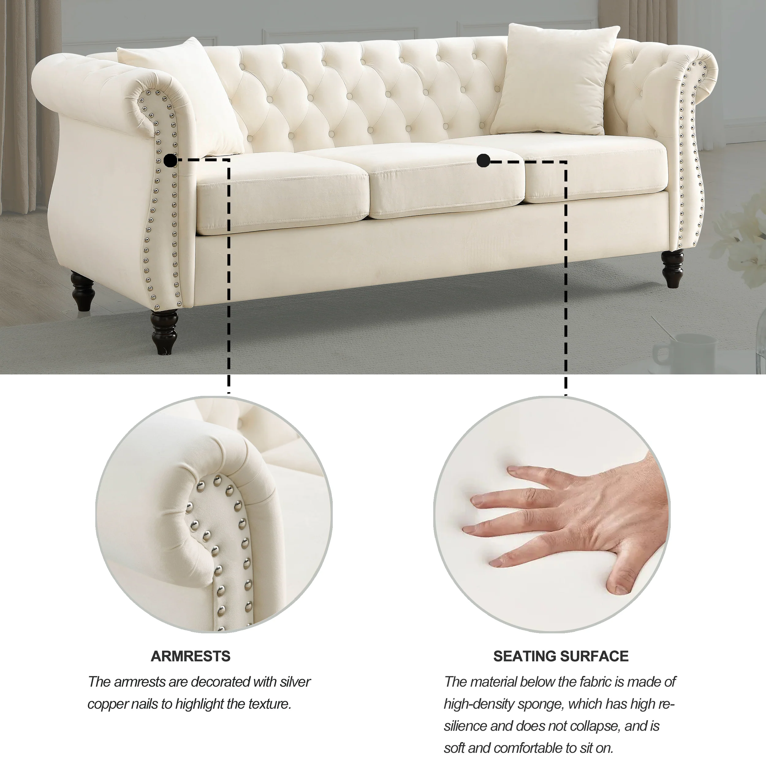 Nailhead Velvet Chesterfield 3-Seater Sofa - Image 12