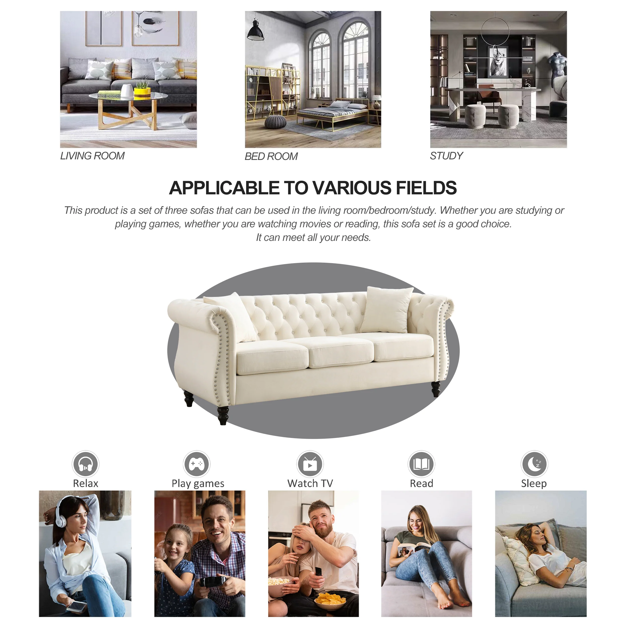 Nailhead Velvet Chesterfield 3-Seater Sofa - Image 14