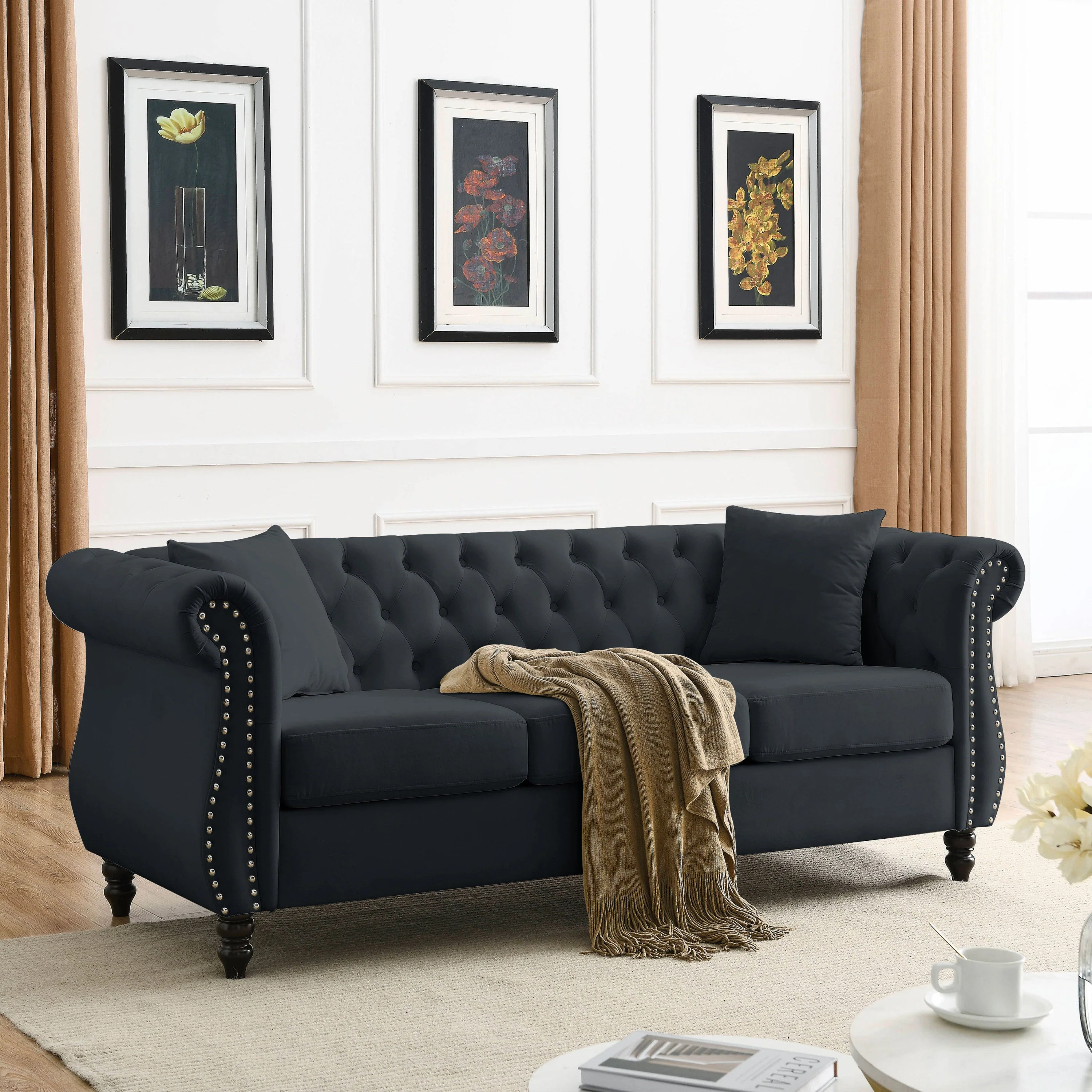 Nailhead Velvet Chesterfield 3-Seater Sofa - Image 3