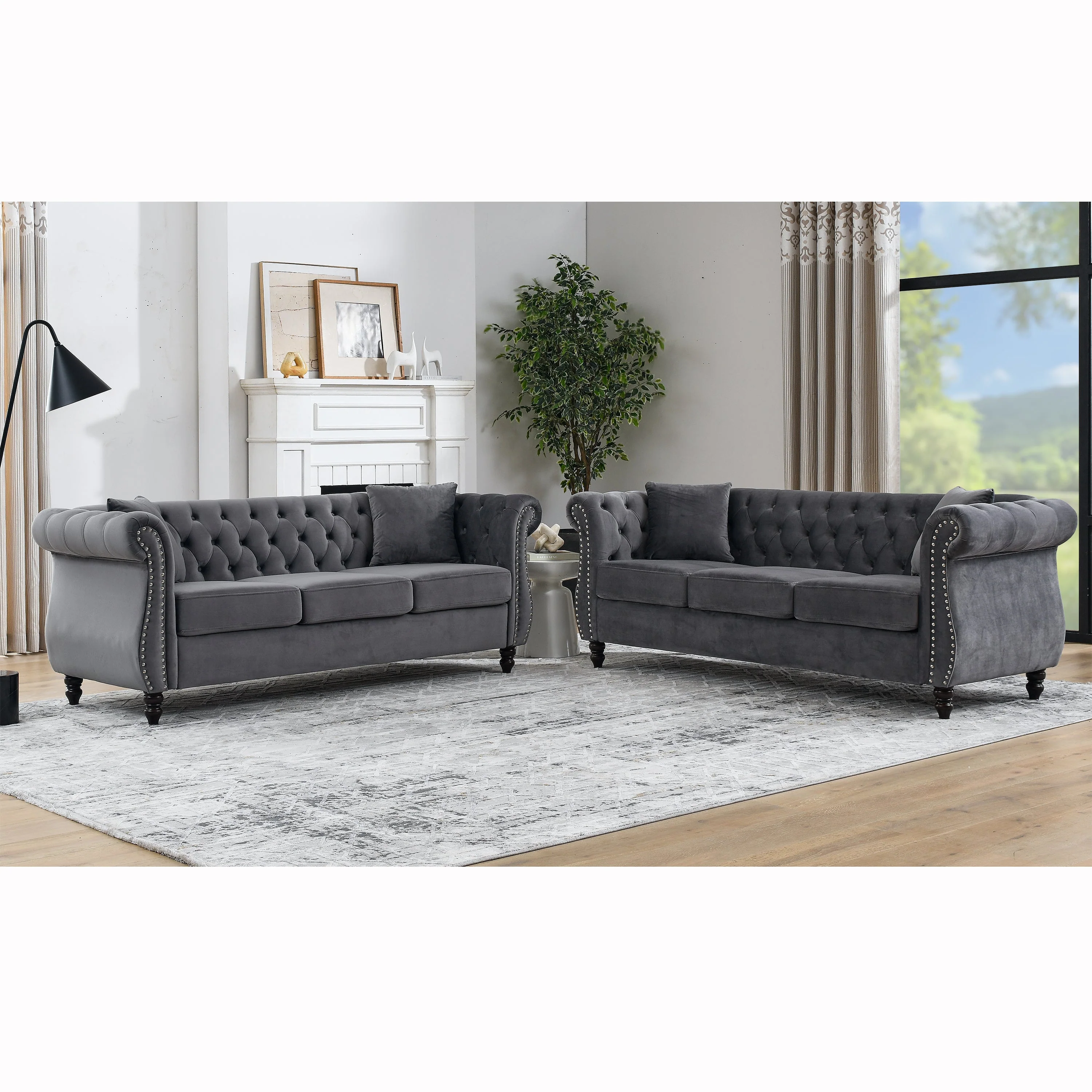 Nailhead Velvet Chesterfield 3-Seater Sofa - Image 4