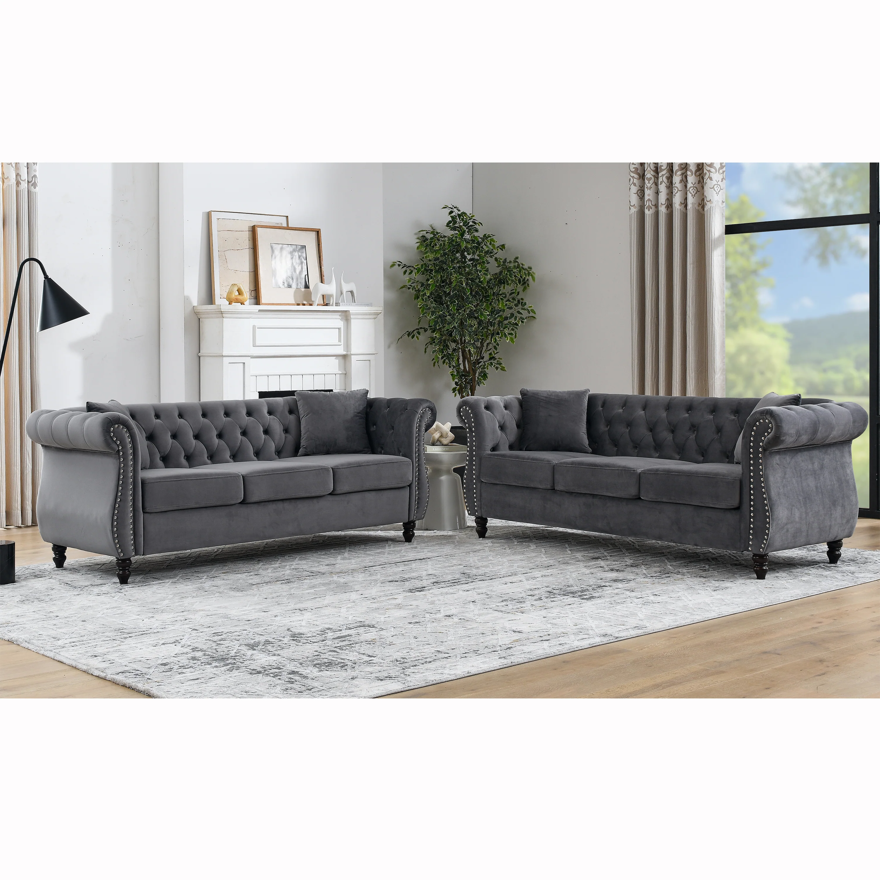 Nailhead Velvet Chesterfield 3-Seater Sofa - Image 42
