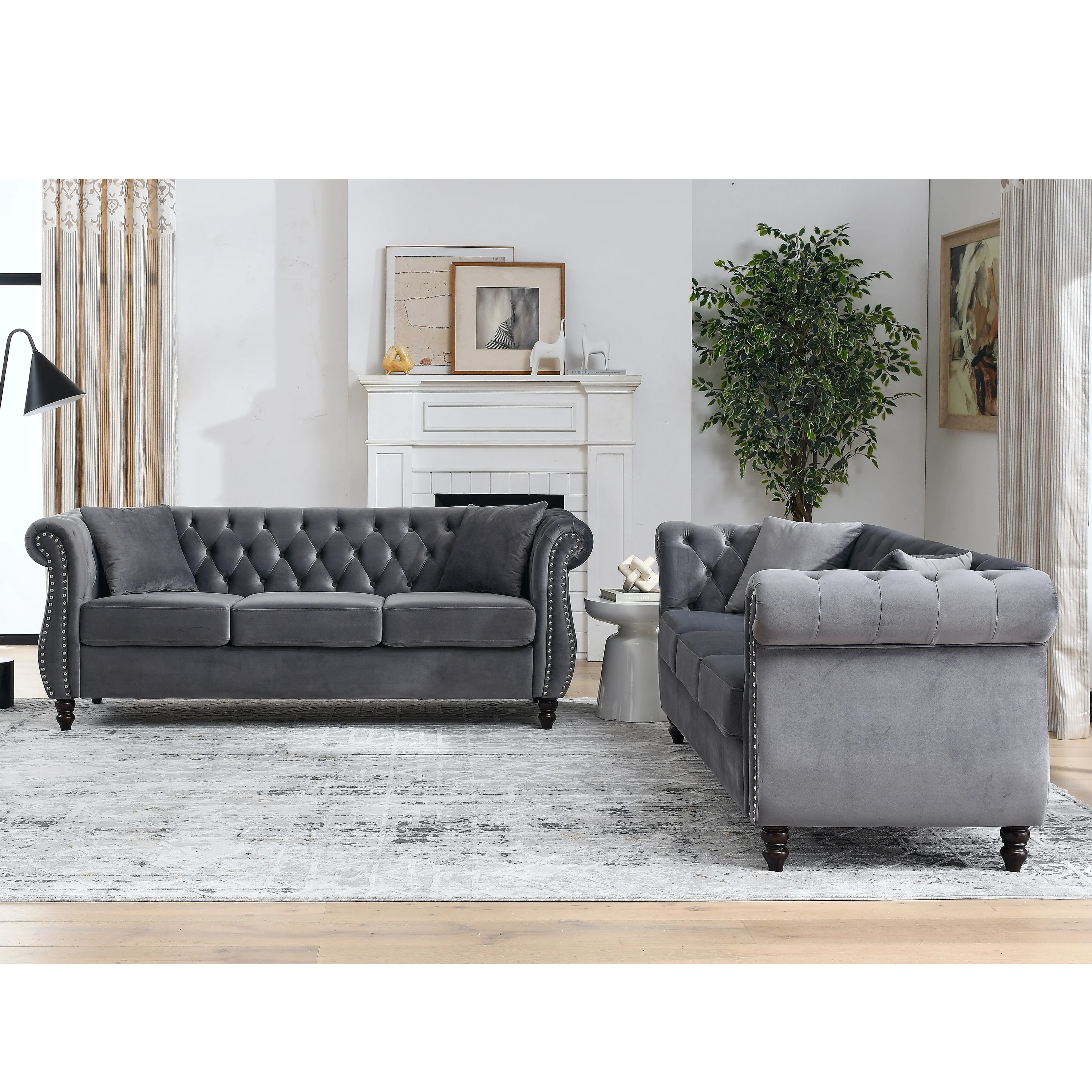 Nailhead Velvet Chesterfield 3-Seater Sofa - Image 43