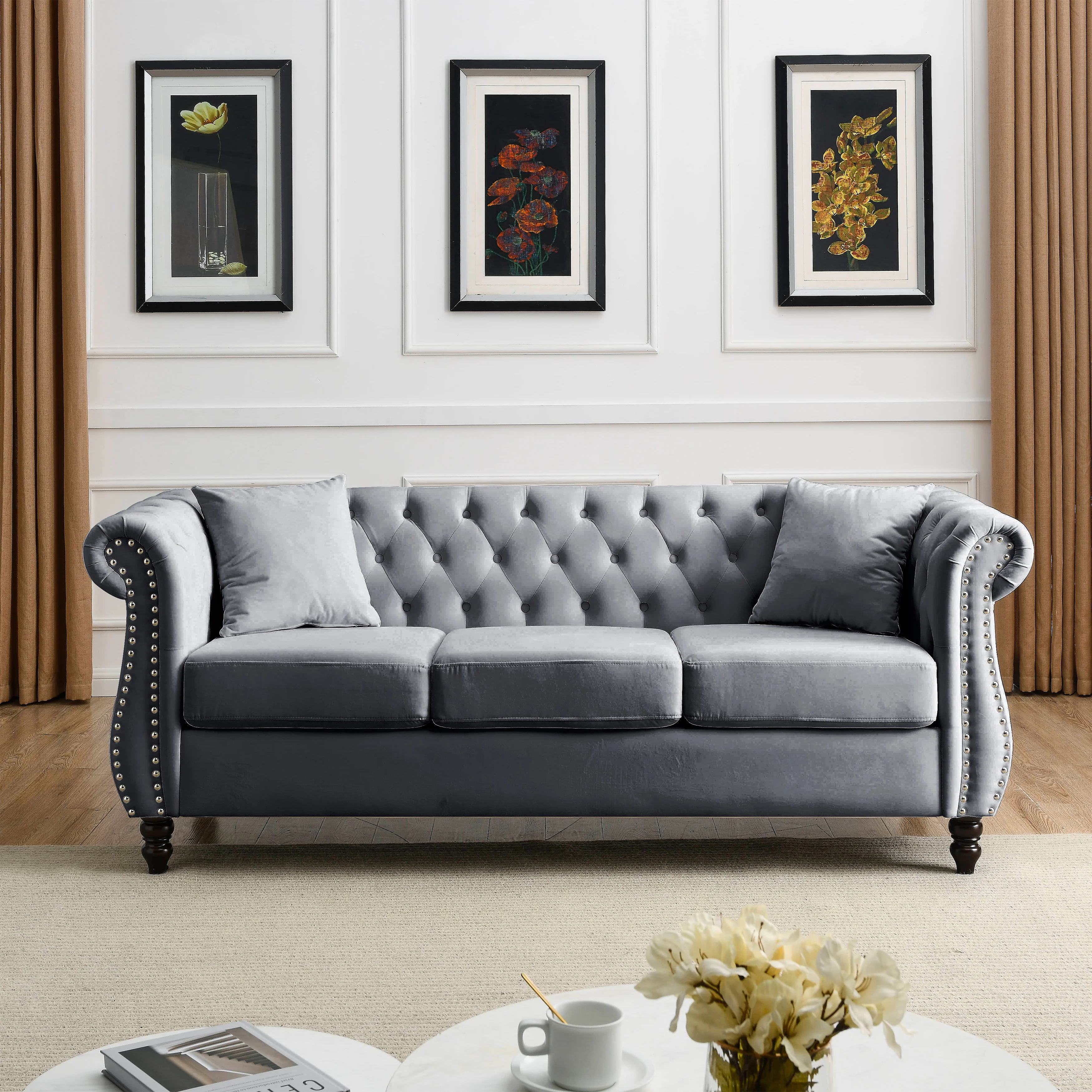 Nailhead Velvet Chesterfield 3-Seater Sofa - Image 45