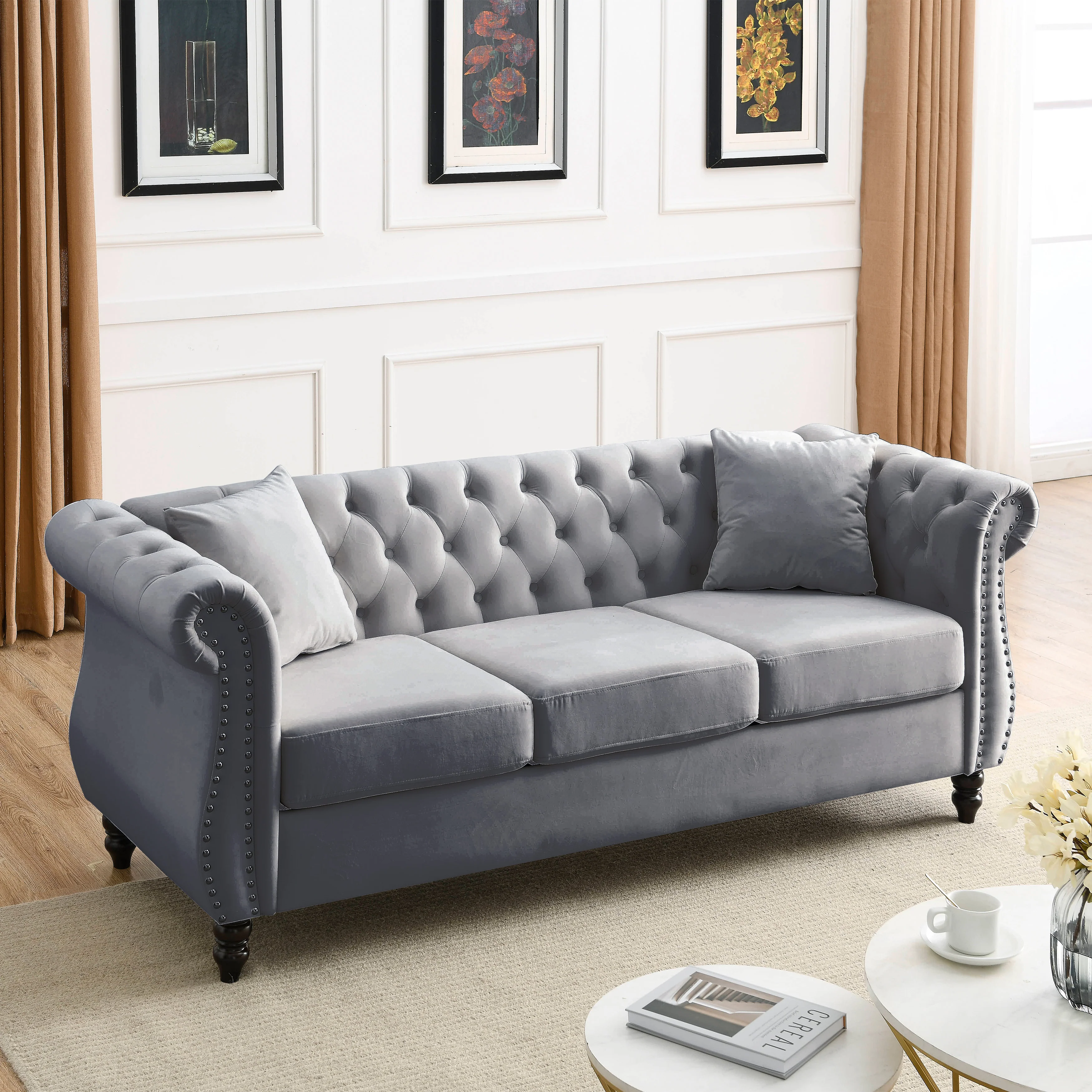 Nailhead Velvet Chesterfield 3-Seater Sofa - Image 46