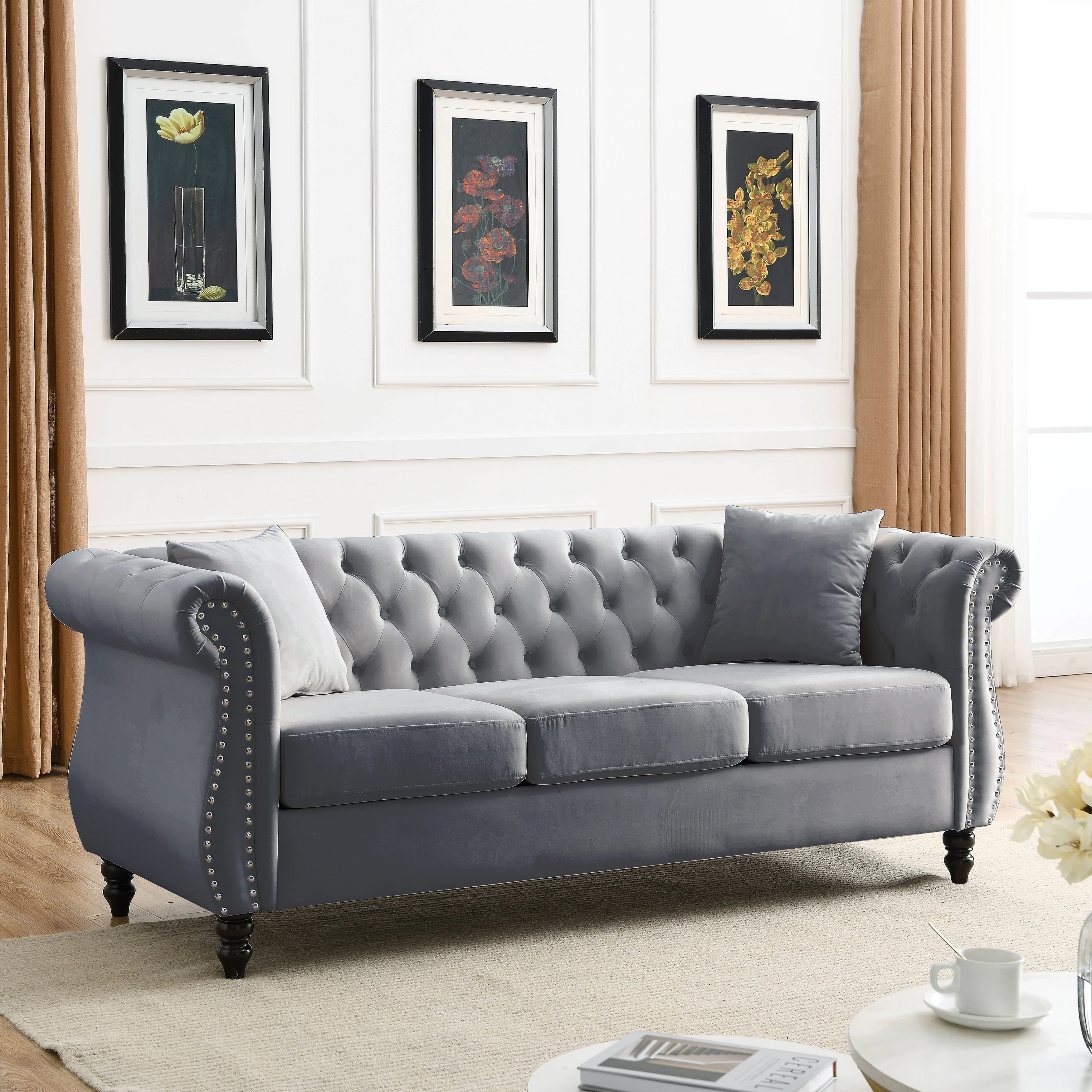 Nailhead Velvet Chesterfield 3-Seater Sofa - Image 47