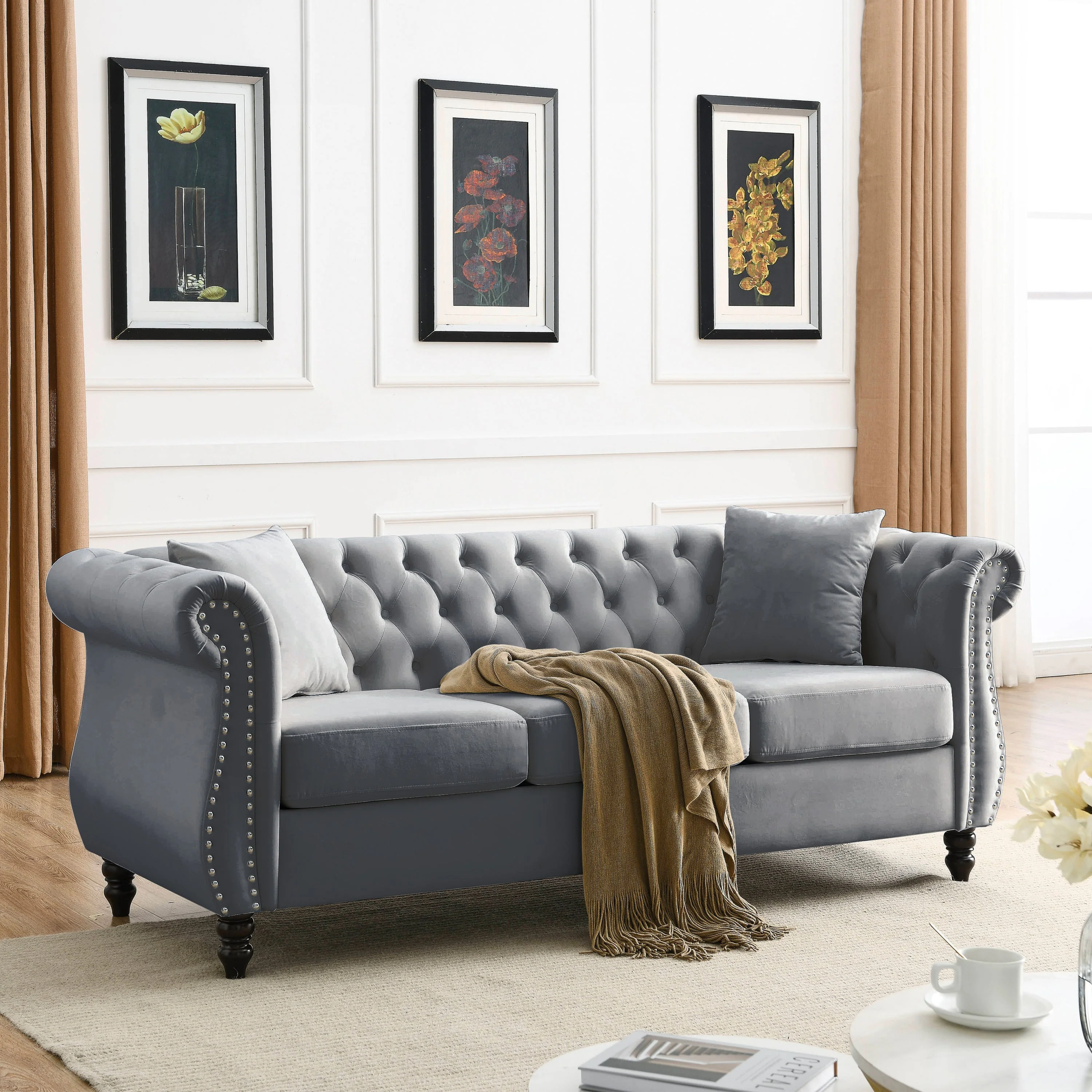 Nailhead Velvet Chesterfield 3-Seater Sofa - Image 5