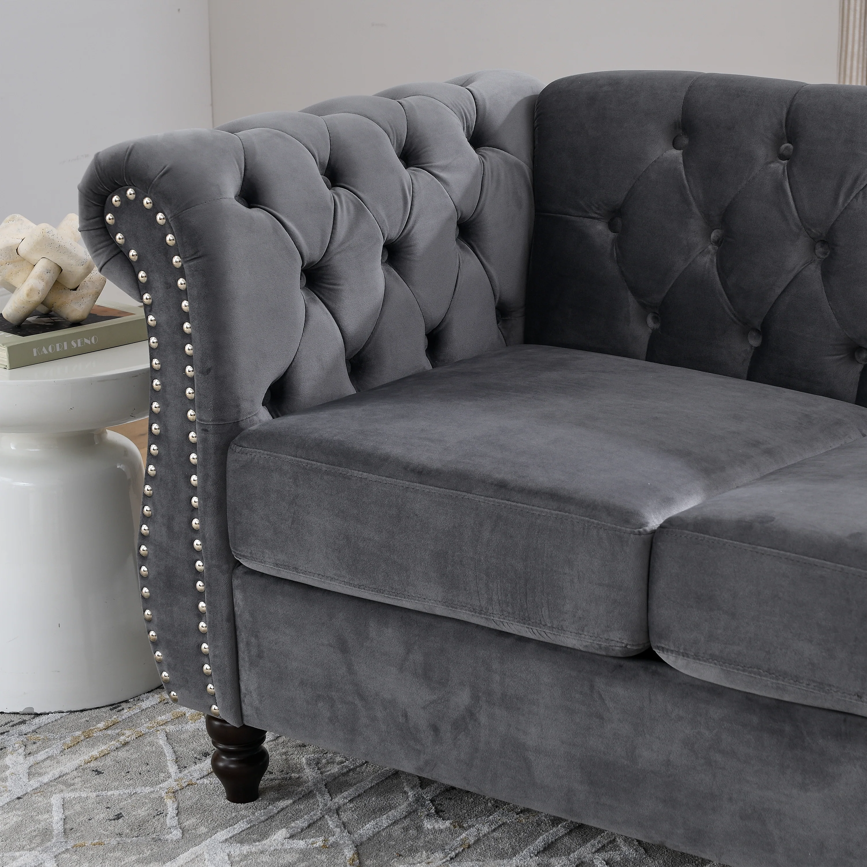Nailhead Velvet Chesterfield 3-Seater Sofa - Image 54