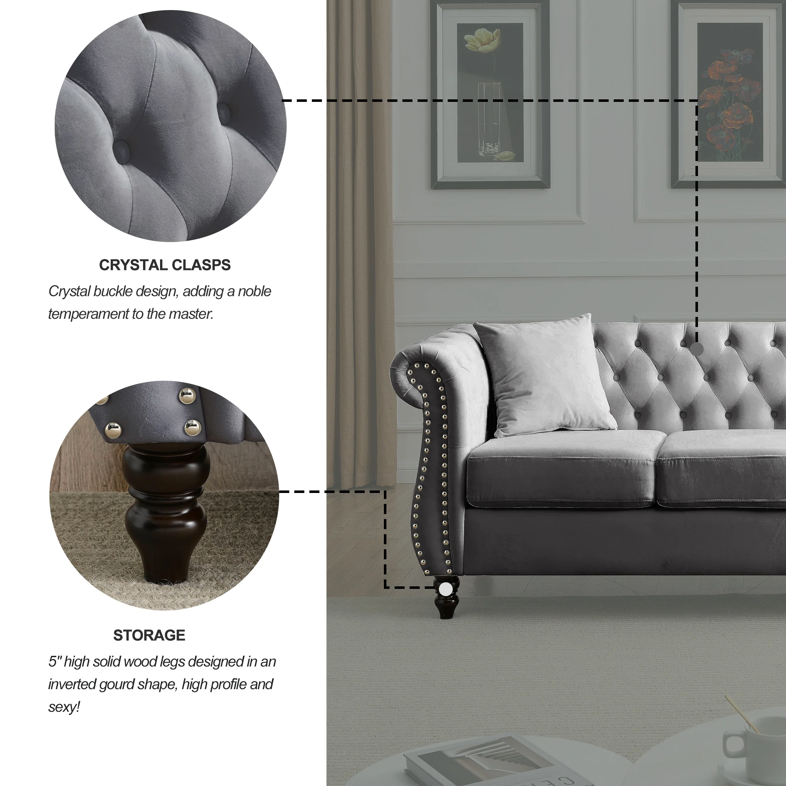 Nailhead Velvet Chesterfield 3-Seater Sofa - Image 57