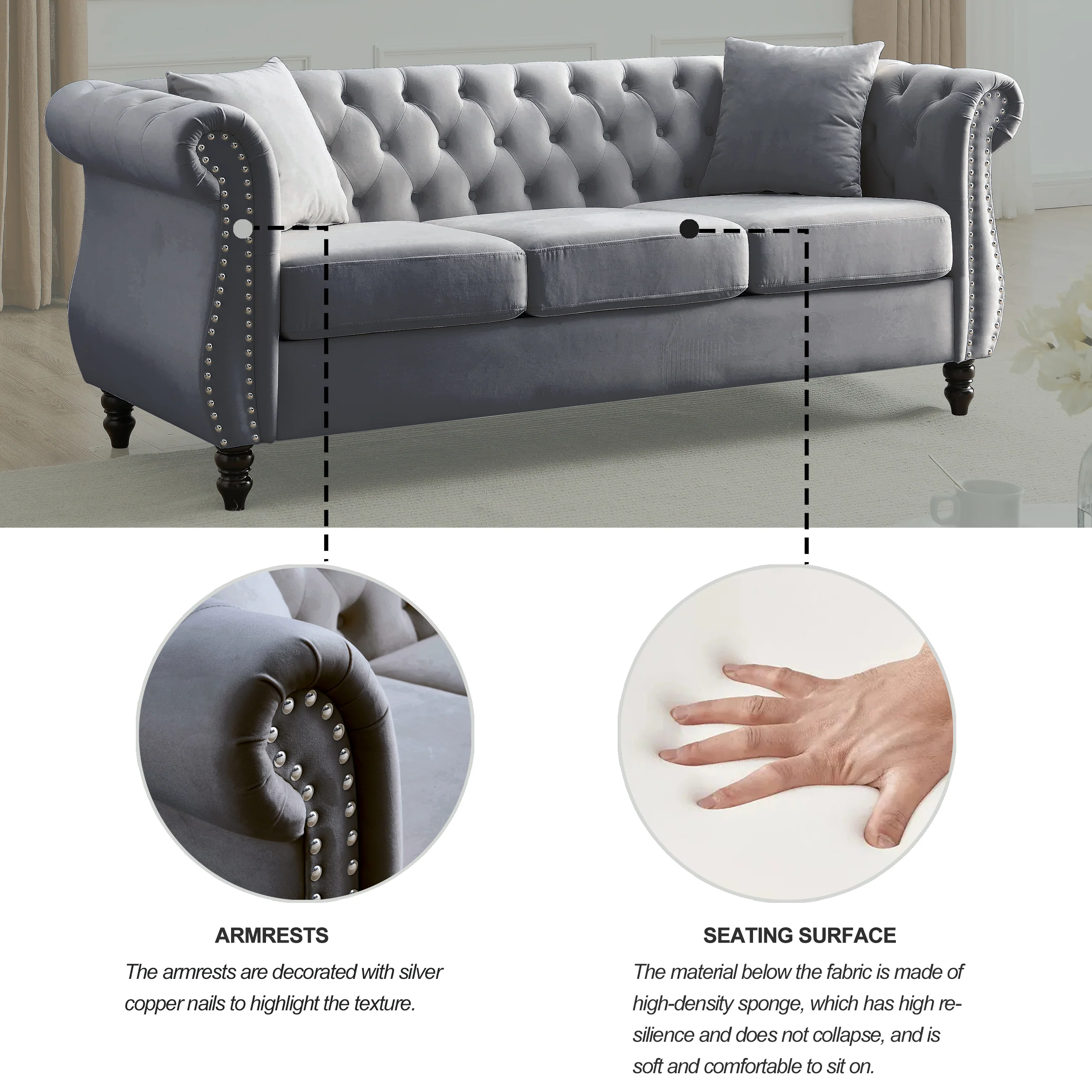 Nailhead Velvet Chesterfield 3-Seater Sofa - Image 58