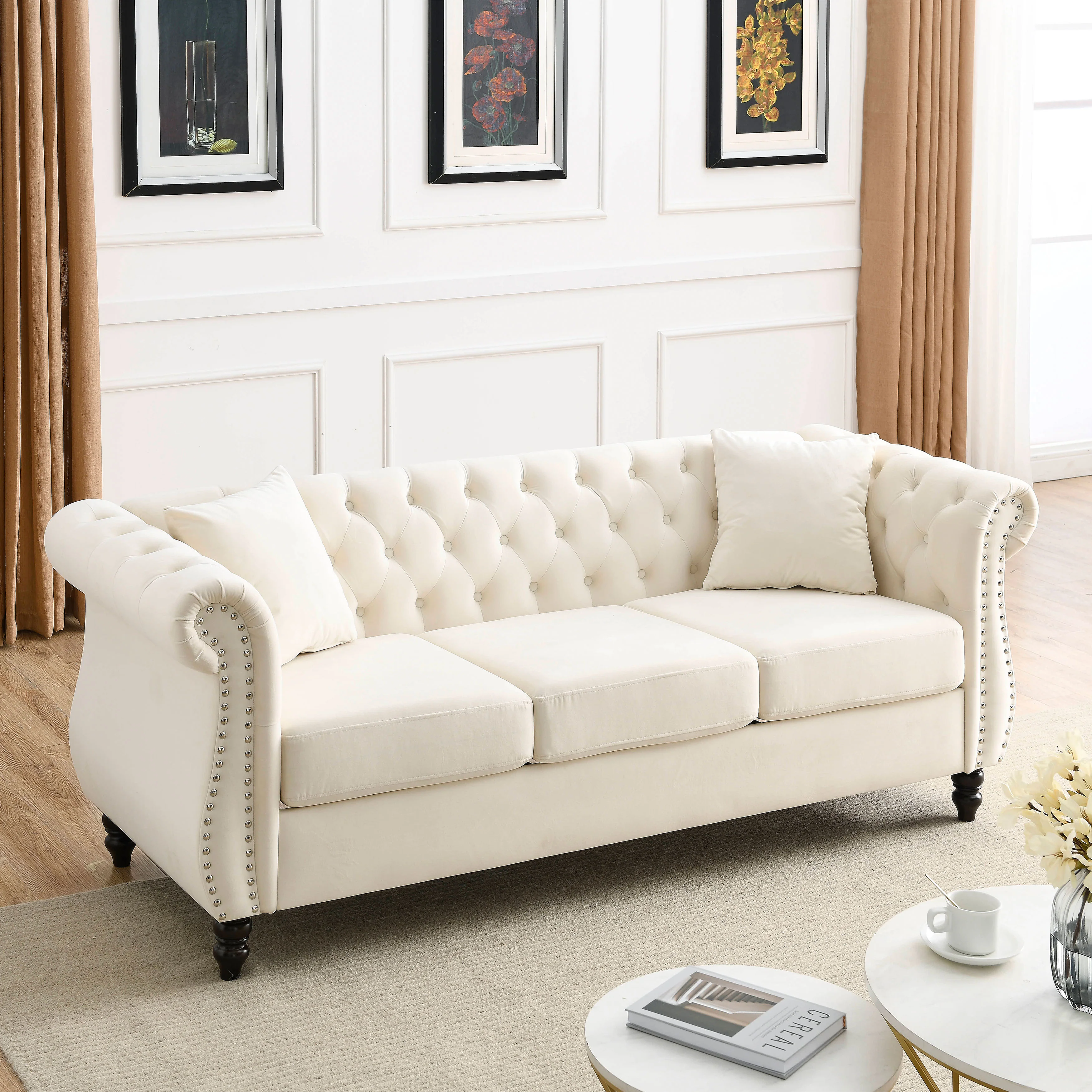 Nailhead Velvet Chesterfield 3-Seater Sofa - Image 6
