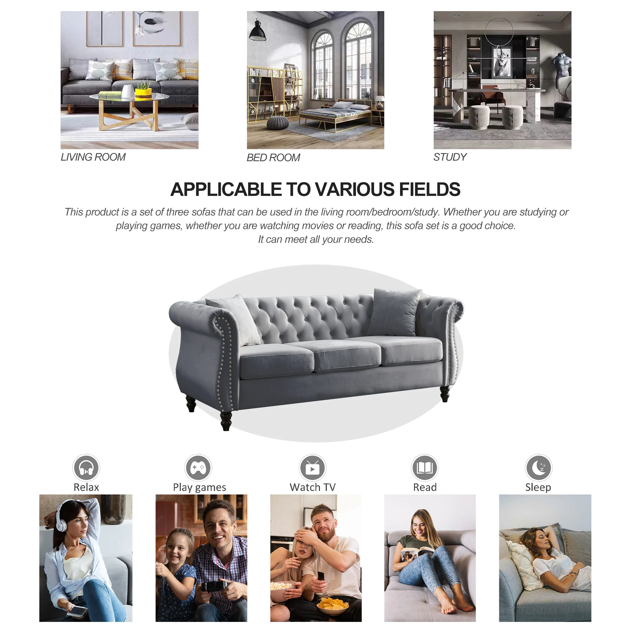 Nailhead Velvet Chesterfield 3-Seater Sofa - Image 60