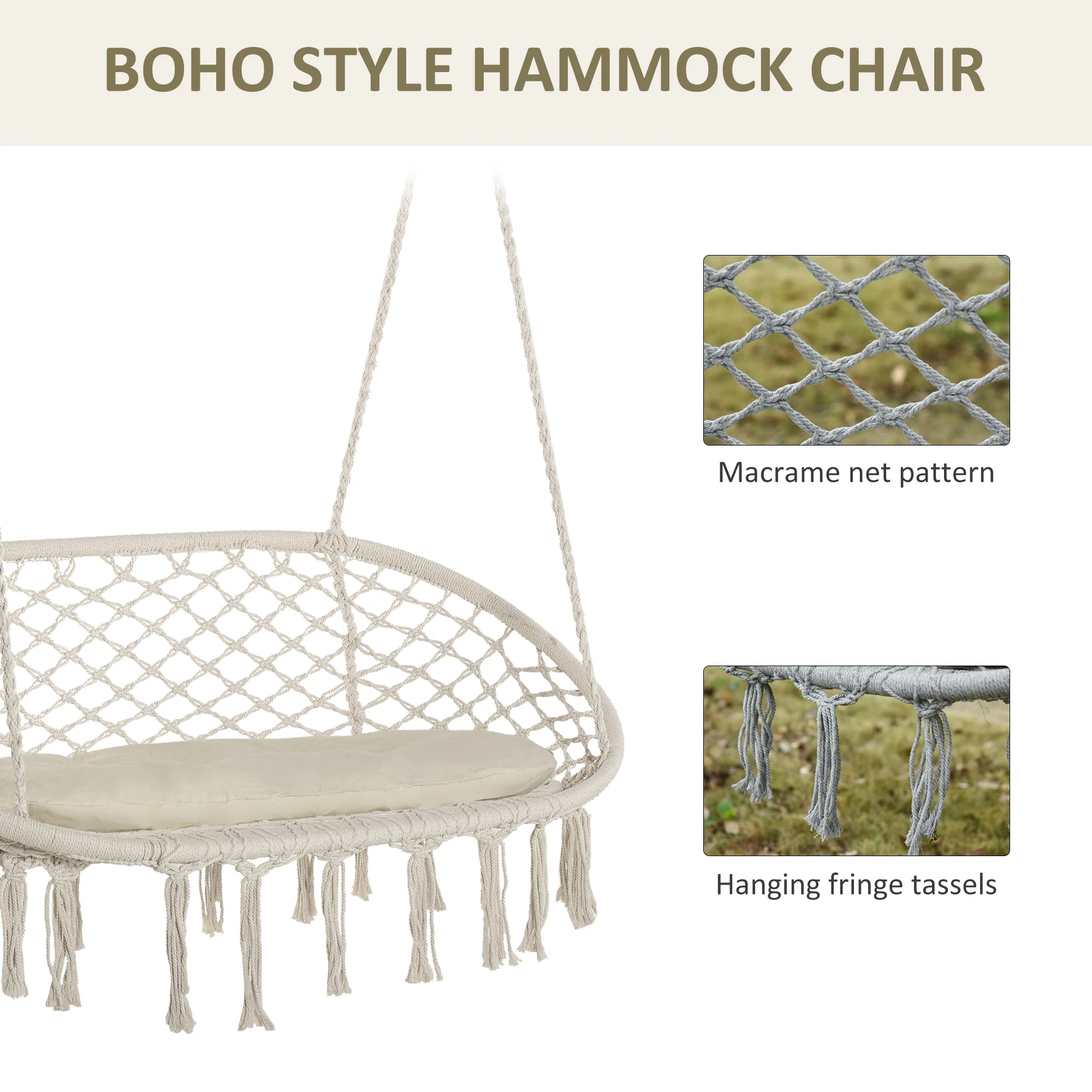 Visioned Outdoor Hanging Hammock Swing Chair with Macrame Design and Soft Cushion - Image 11