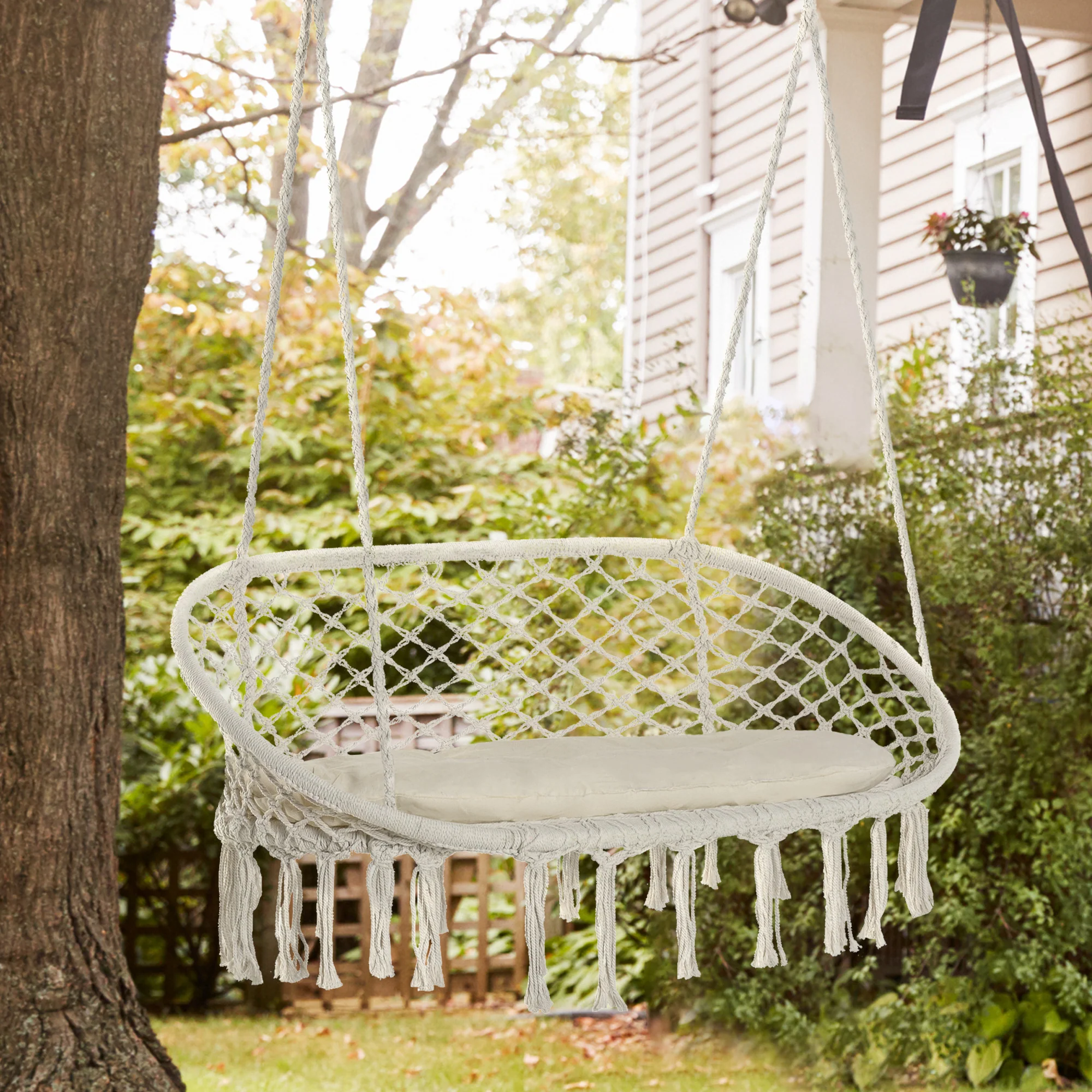 Visioned Outdoor Hanging Hammock Swing Chair with Macrame Design and Soft Cushion - Image 17