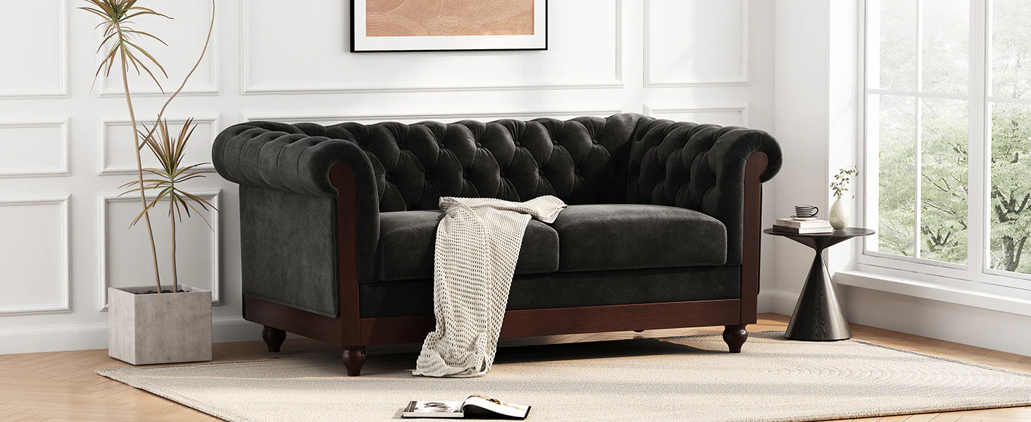 Velvet Rolled Arm Chesterfield Loveseat - Image 18