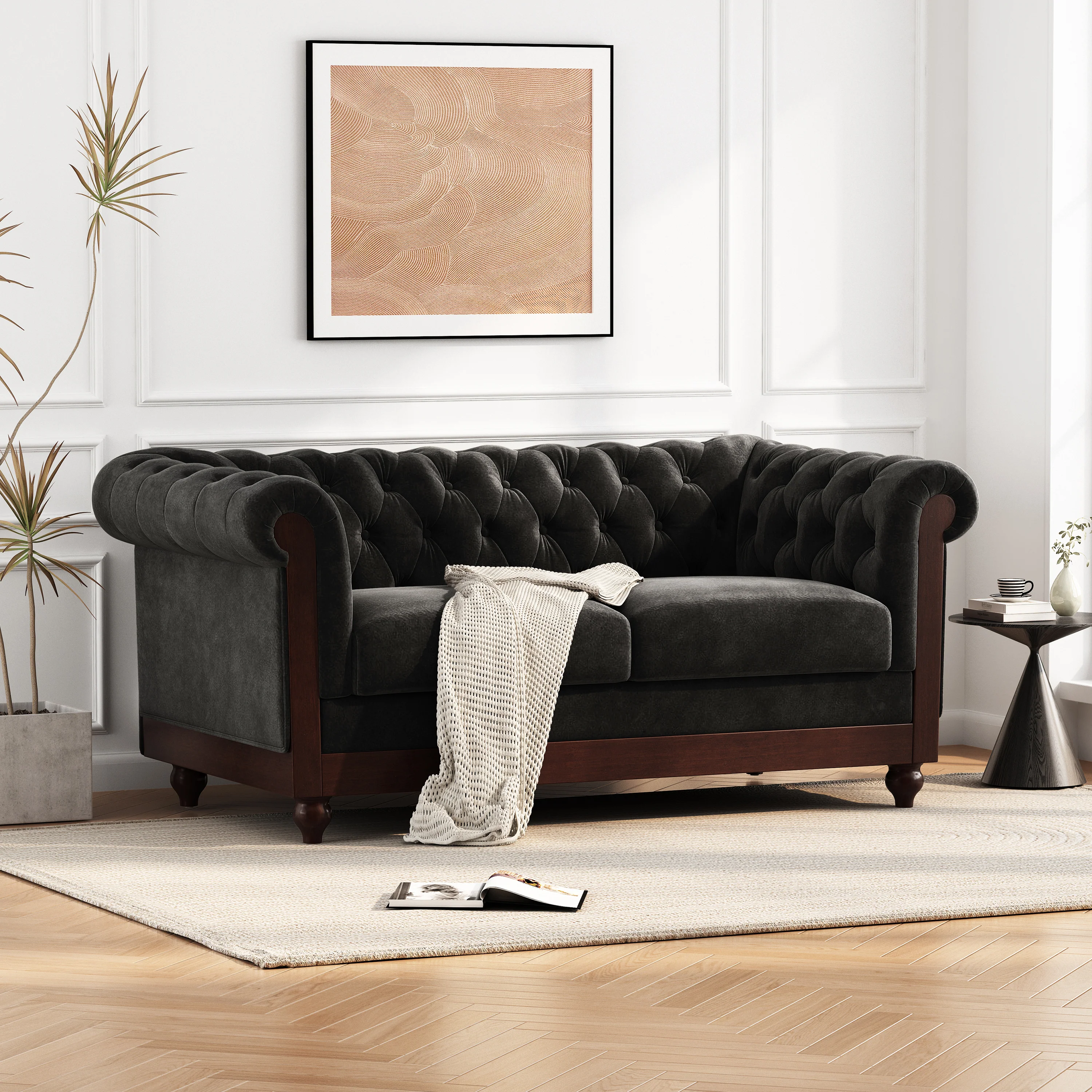 Velvet Rolled Arm Chesterfield Loveseat - Image 2