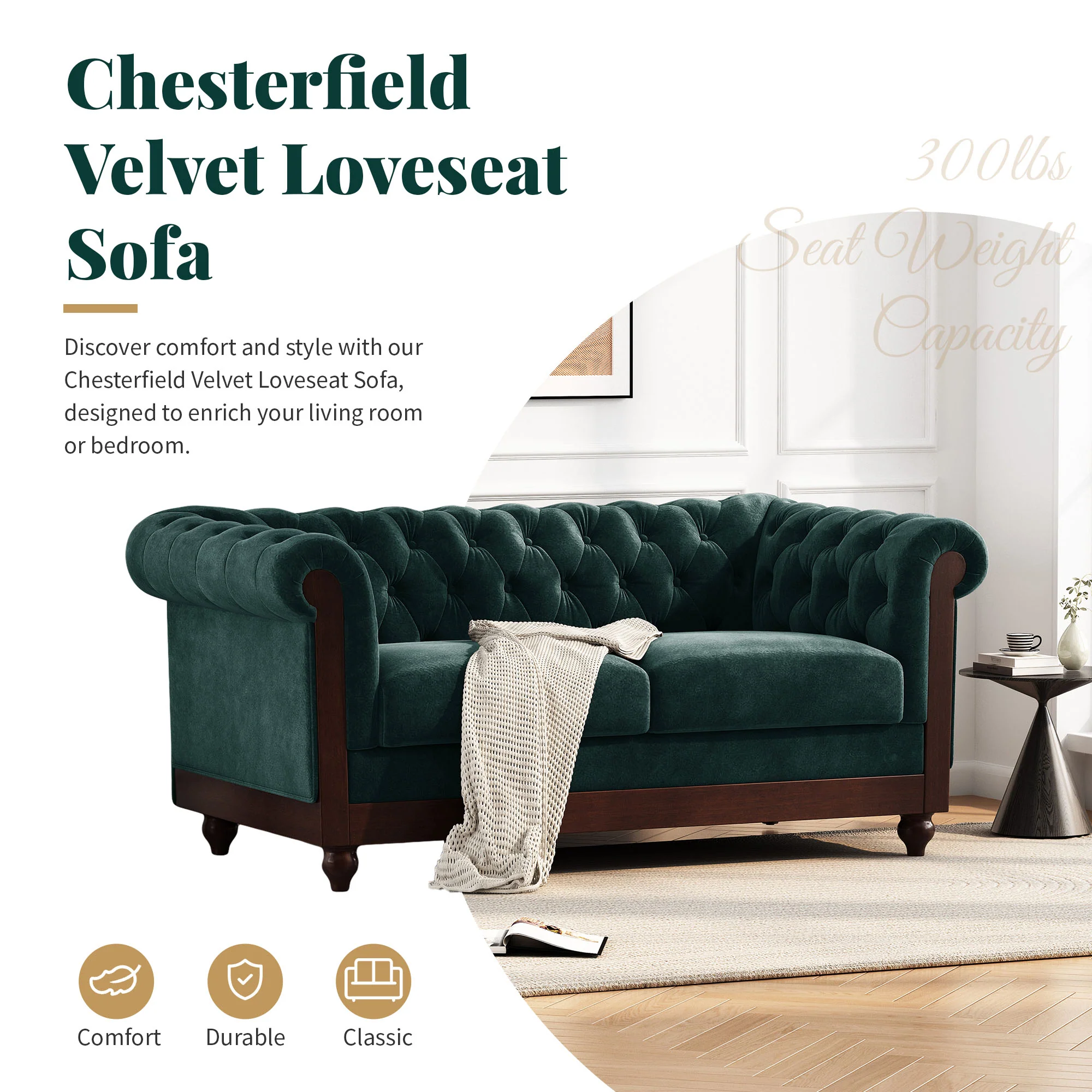 Velvet Rolled Arm Chesterfield Loveseat - Image 20