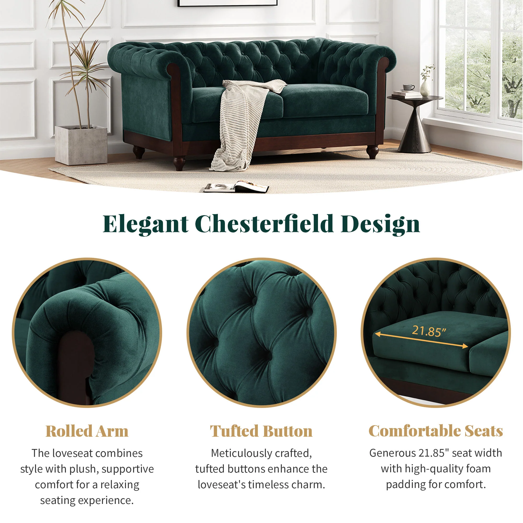 Velvet Rolled Arm Chesterfield Loveseat - Image 21