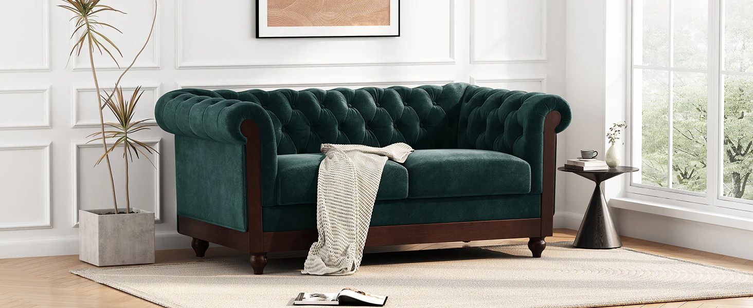 Velvet Rolled Arm Chesterfield Loveseat - Image 34