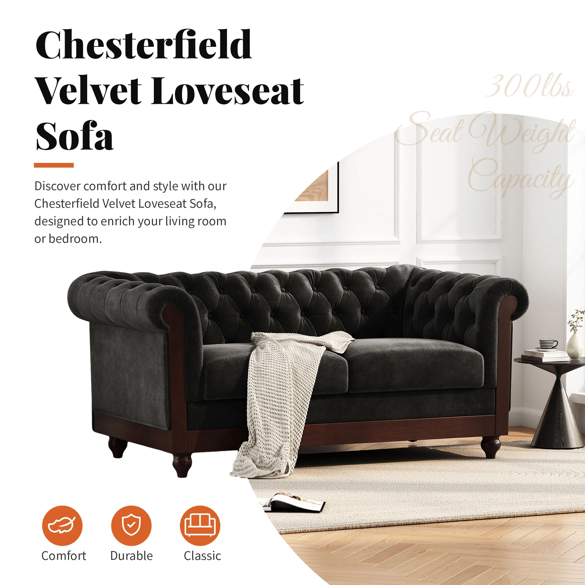 Velvet Rolled Arm Chesterfield Loveseat - Image 5