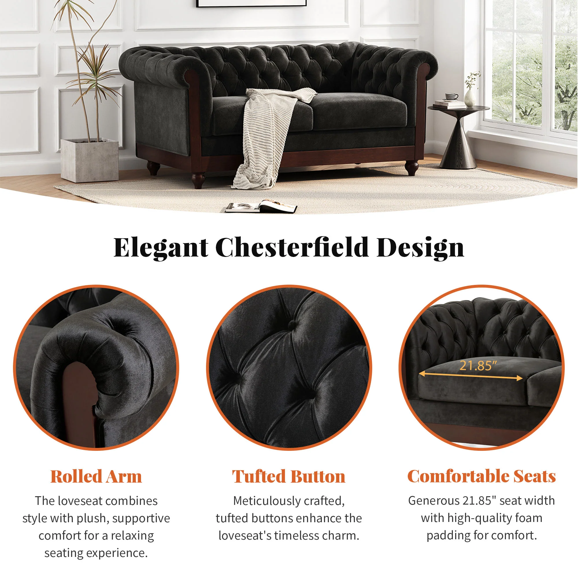 Velvet Rolled Arm Chesterfield Loveseat - Image 6