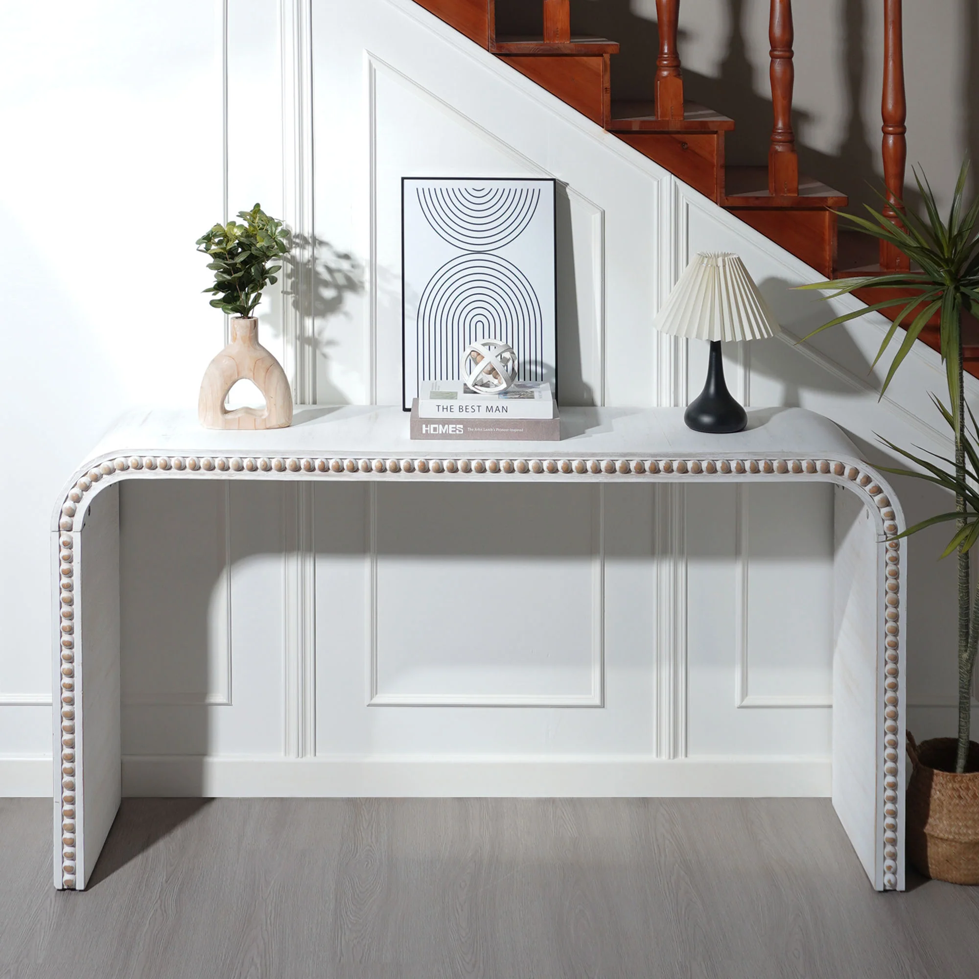Curved Waterfall-Style Wood Beaded Console Table - Image 14