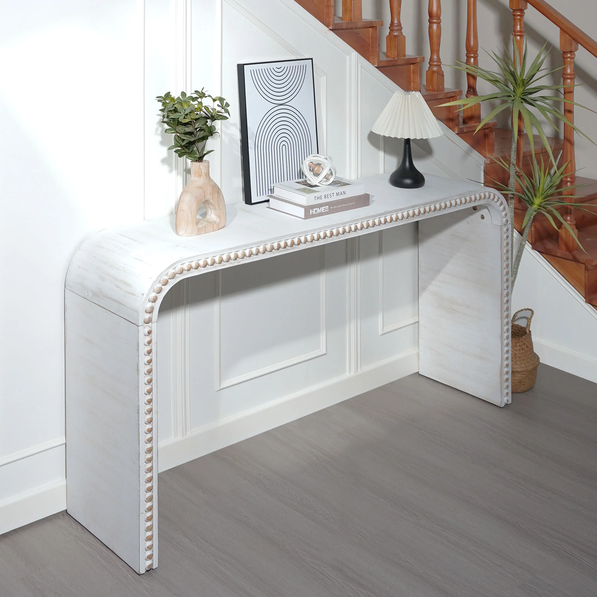 Curved Waterfall-Style Wood Beaded Console Table - Image 16