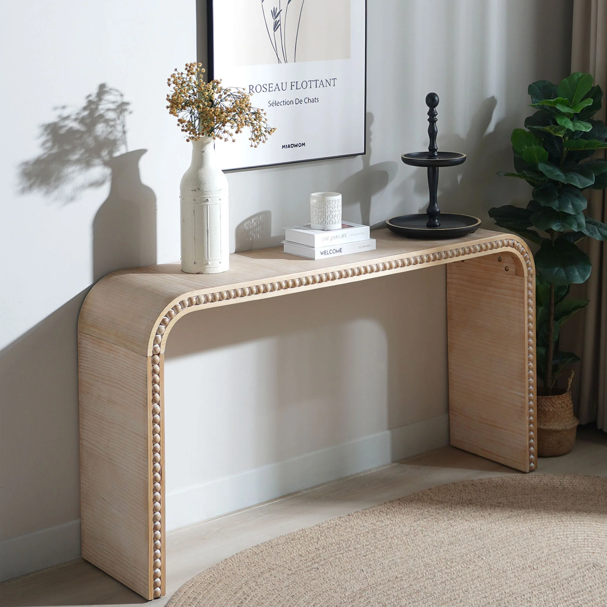 Curved Waterfall-Style Wood Beaded Console Table - Image 2