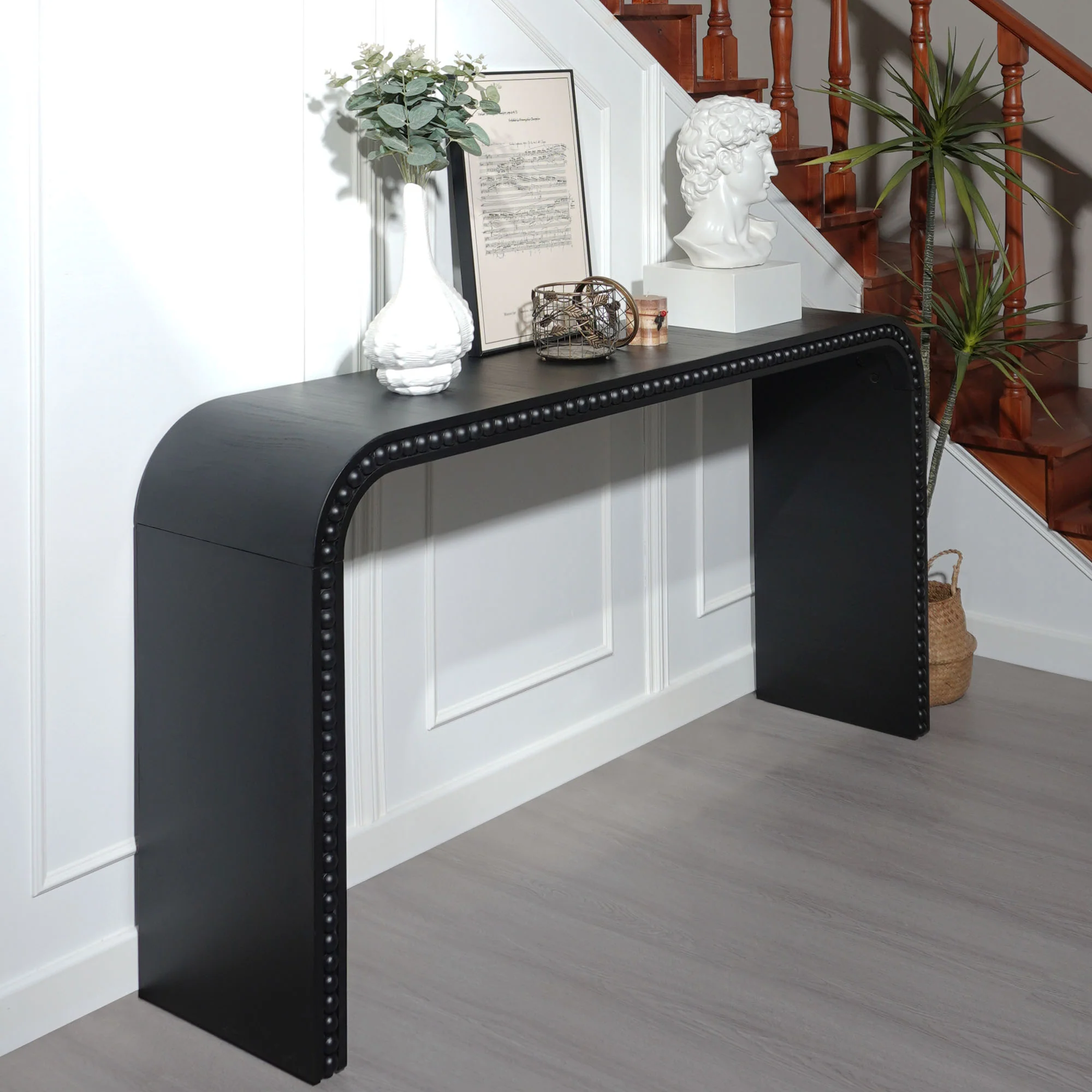 Curved Waterfall-Style Wood Beaded Console Table - Image 27
