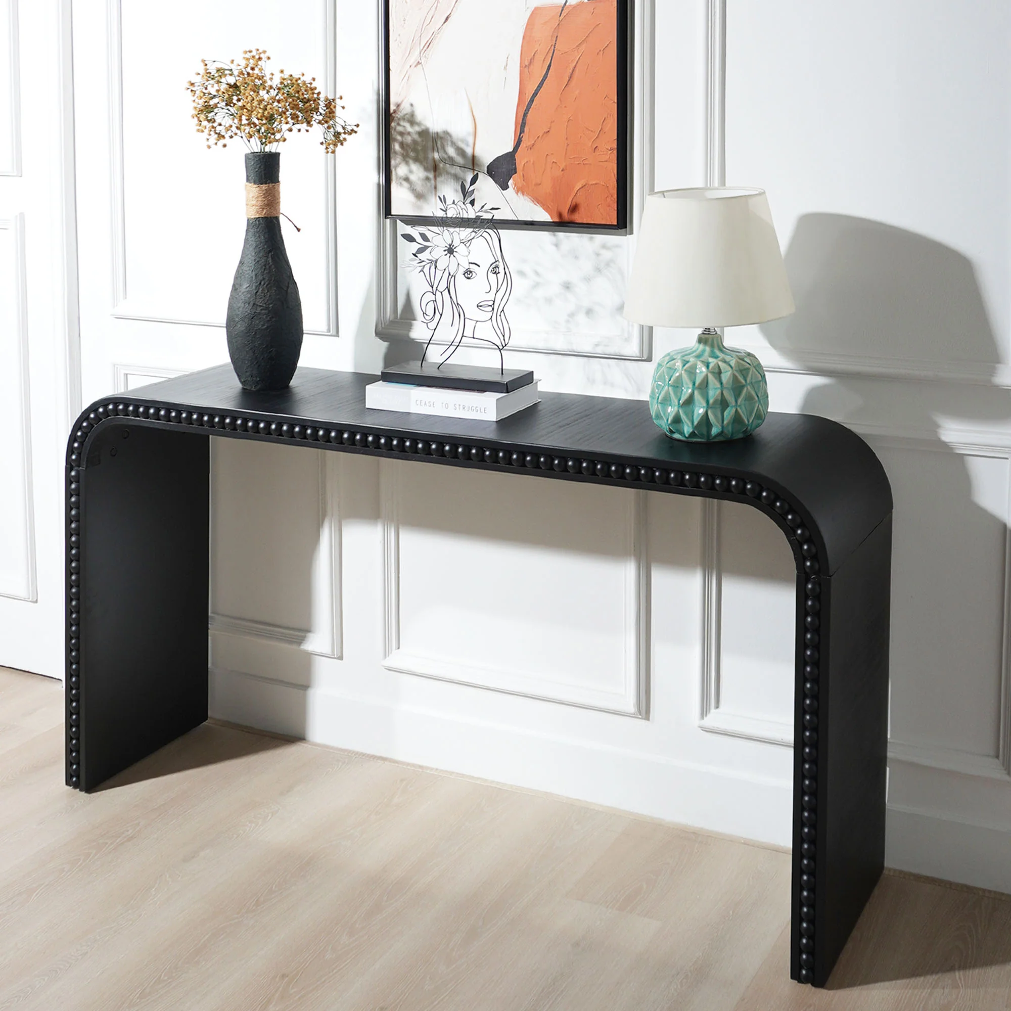 Curved Waterfall-Style Wood Beaded Console Table - Image 28