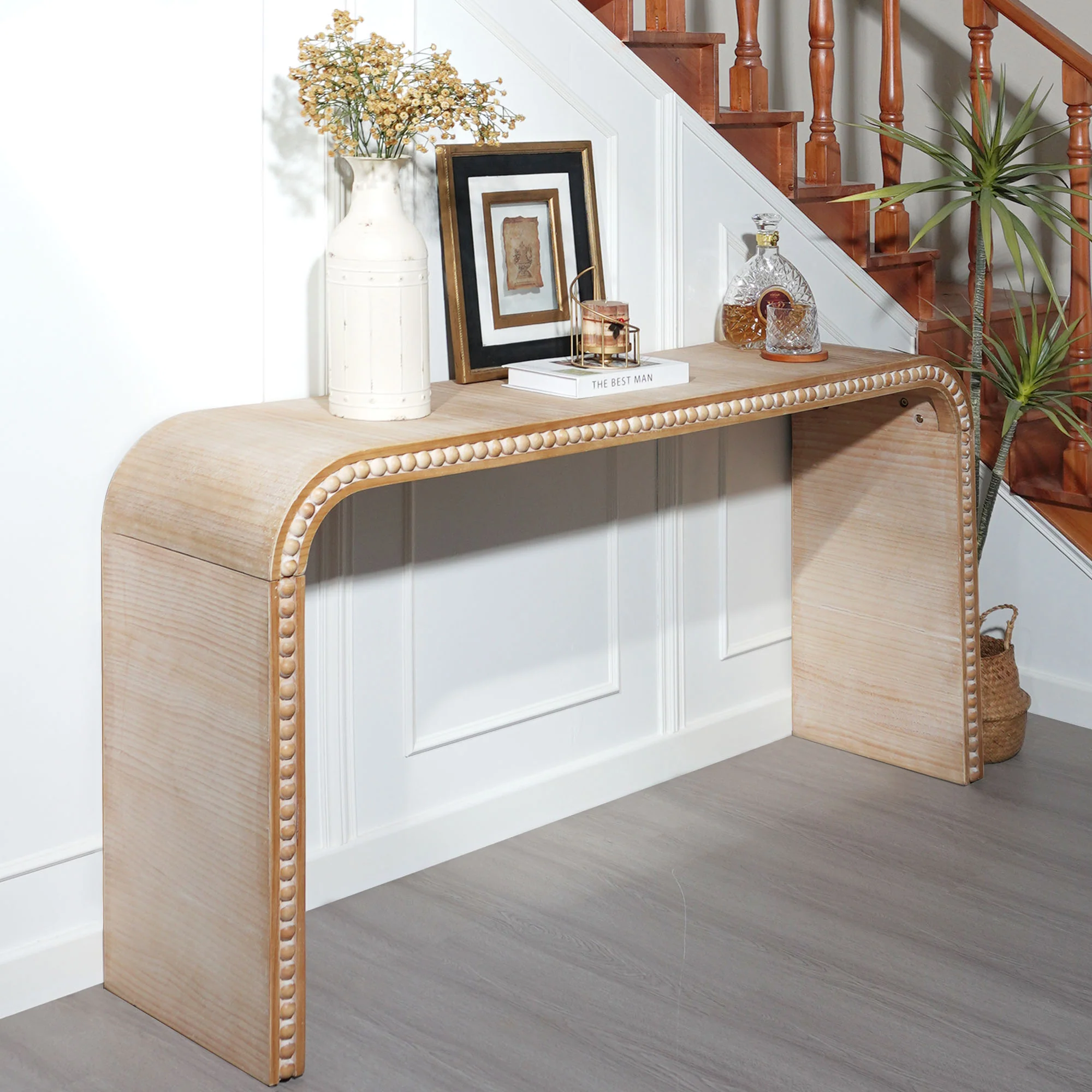 Curved Waterfall-Style Wood Beaded Console Table - Image 8