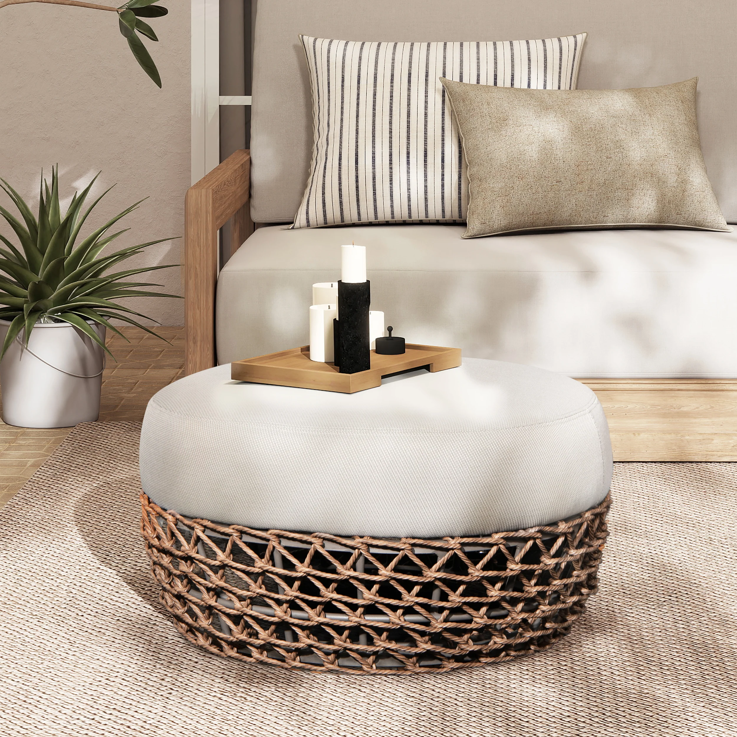 Willow Round Wicker & Upholstered Patio Ottoman - Image 3
