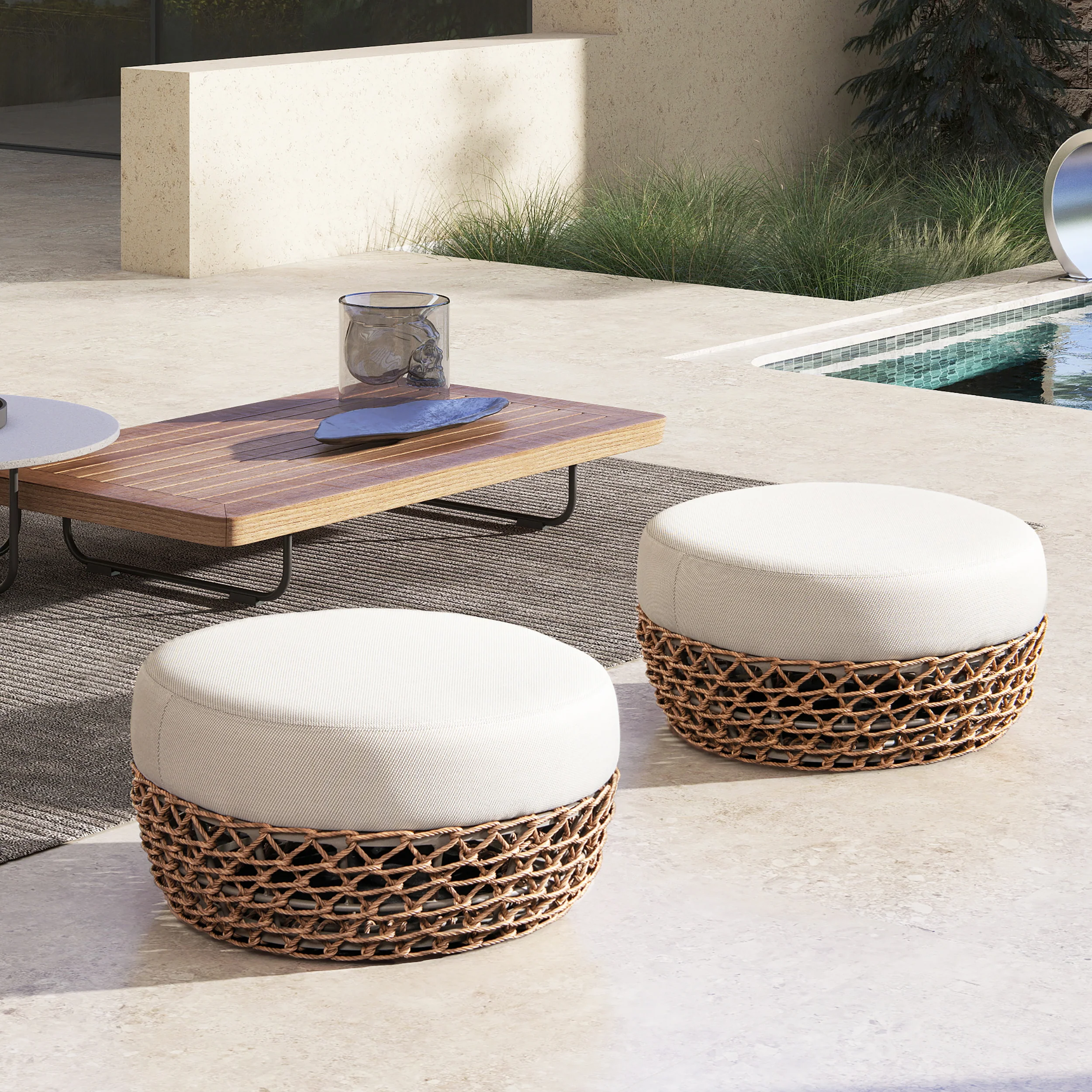 Willow Round Wicker & Upholstered Patio Ottoman - Image 4